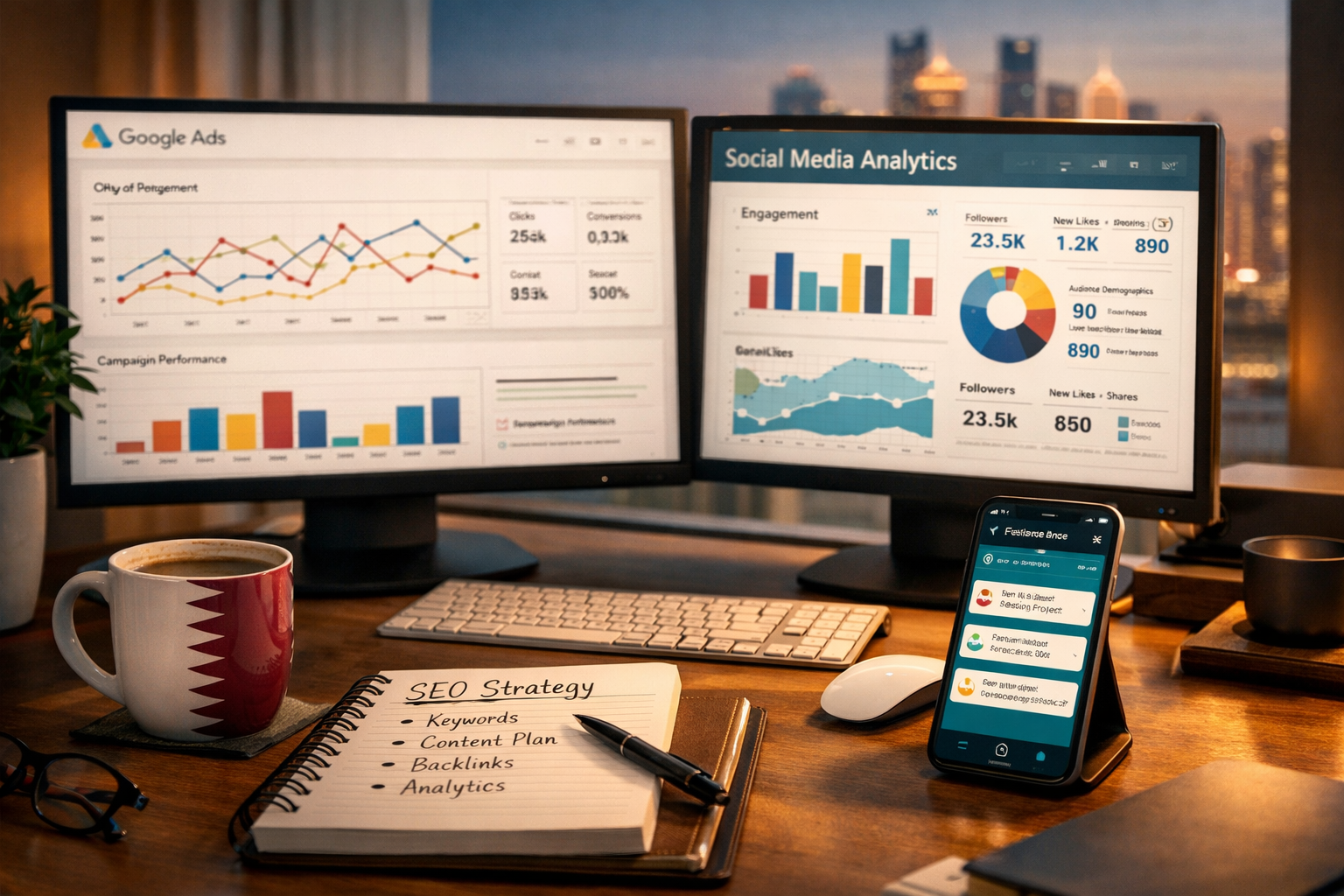 image depicting a digital marketing professional workspace in Qatar: dual monitors showing Google Ads dashboard and