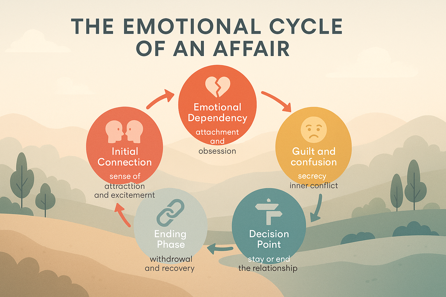 Detailed landscape infographic (1536x1024) showing the emotional cycle of an affair with circular diagram featuring five interconnected stag