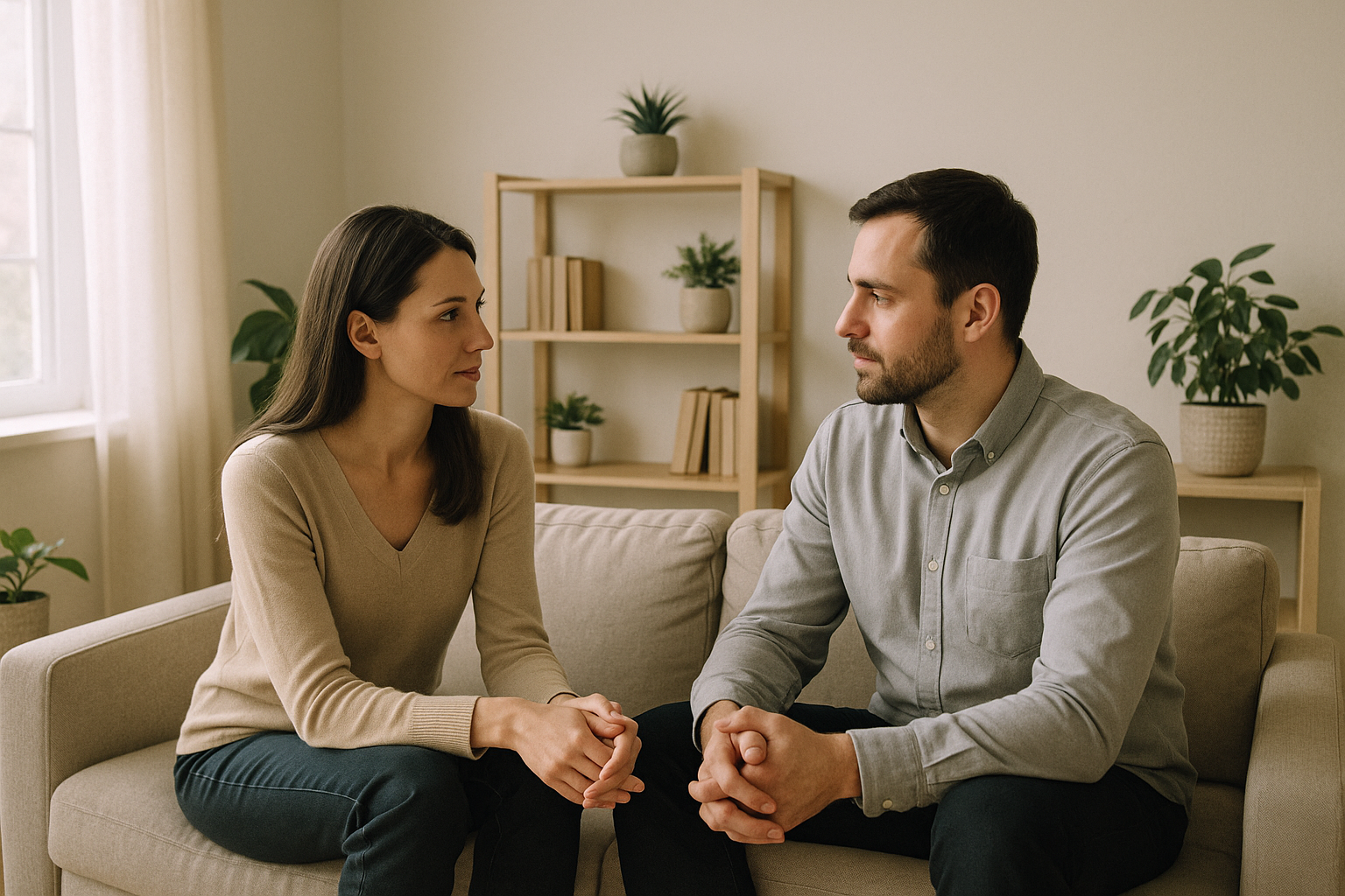 Professional landscape illustration (1536x1024) showing a couple sitting together on a couch in therapy or deep conversation setting, facing