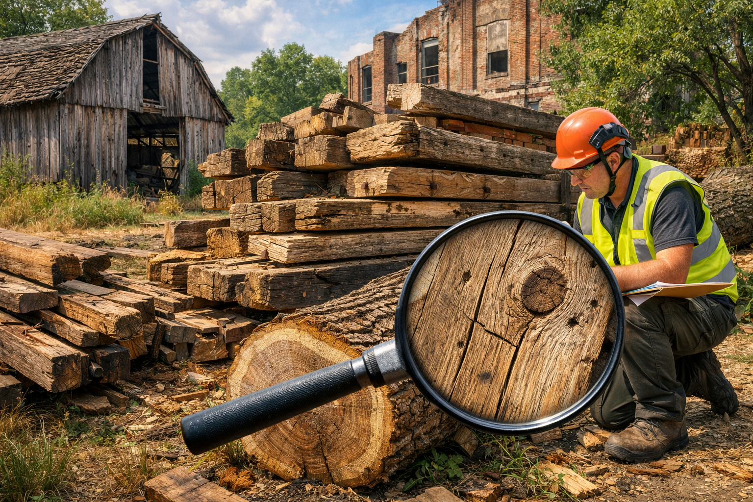Landscape format (1536x1024) image illustrating the diverse sources of reclaimed and salvaged wood: a disused barn with aged wooden siding, 