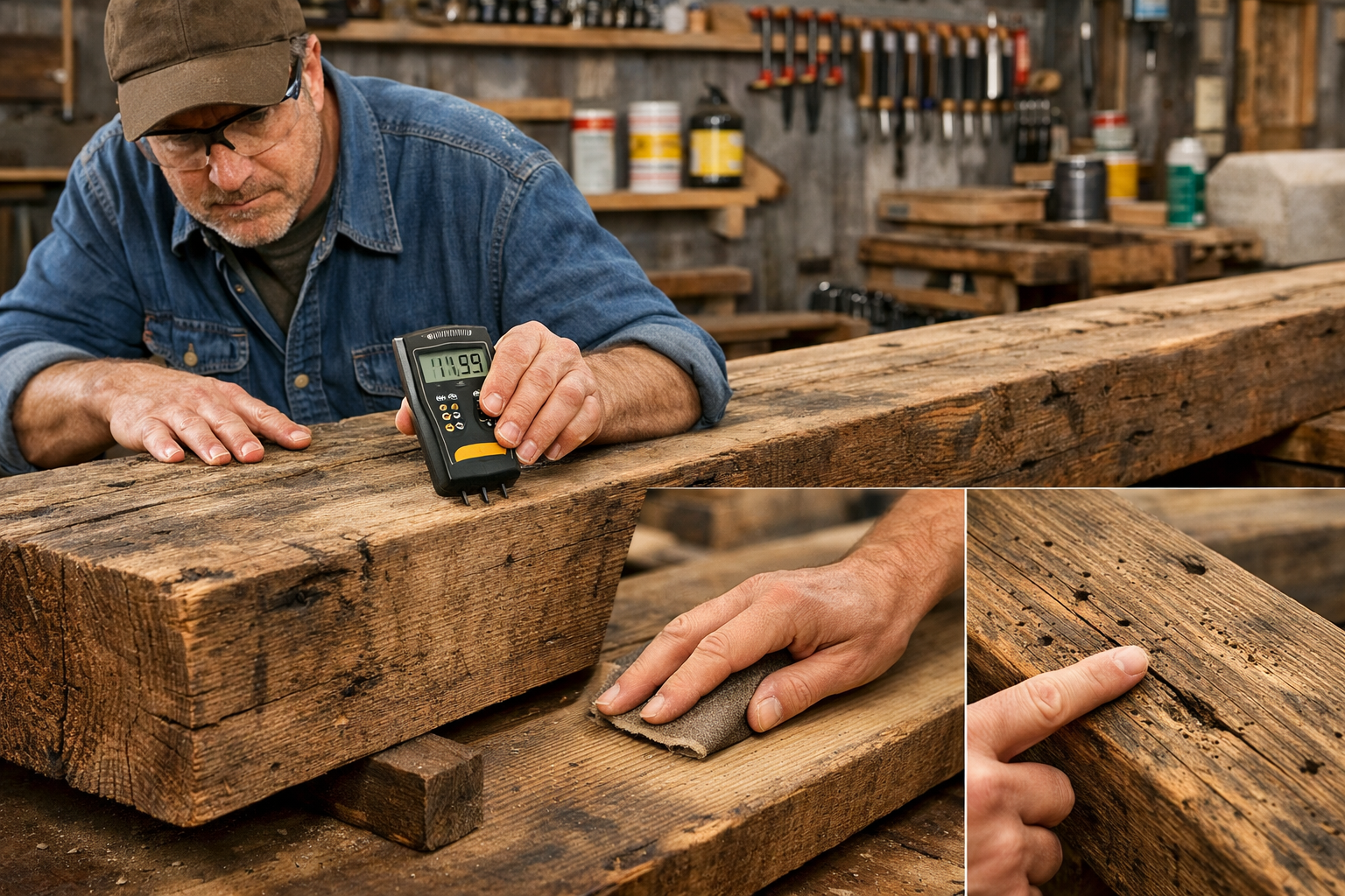 Landscape format (1536x1024) image depicting the process of quality assessment and restoration of reclaimed wood. A skilled woodworker metic