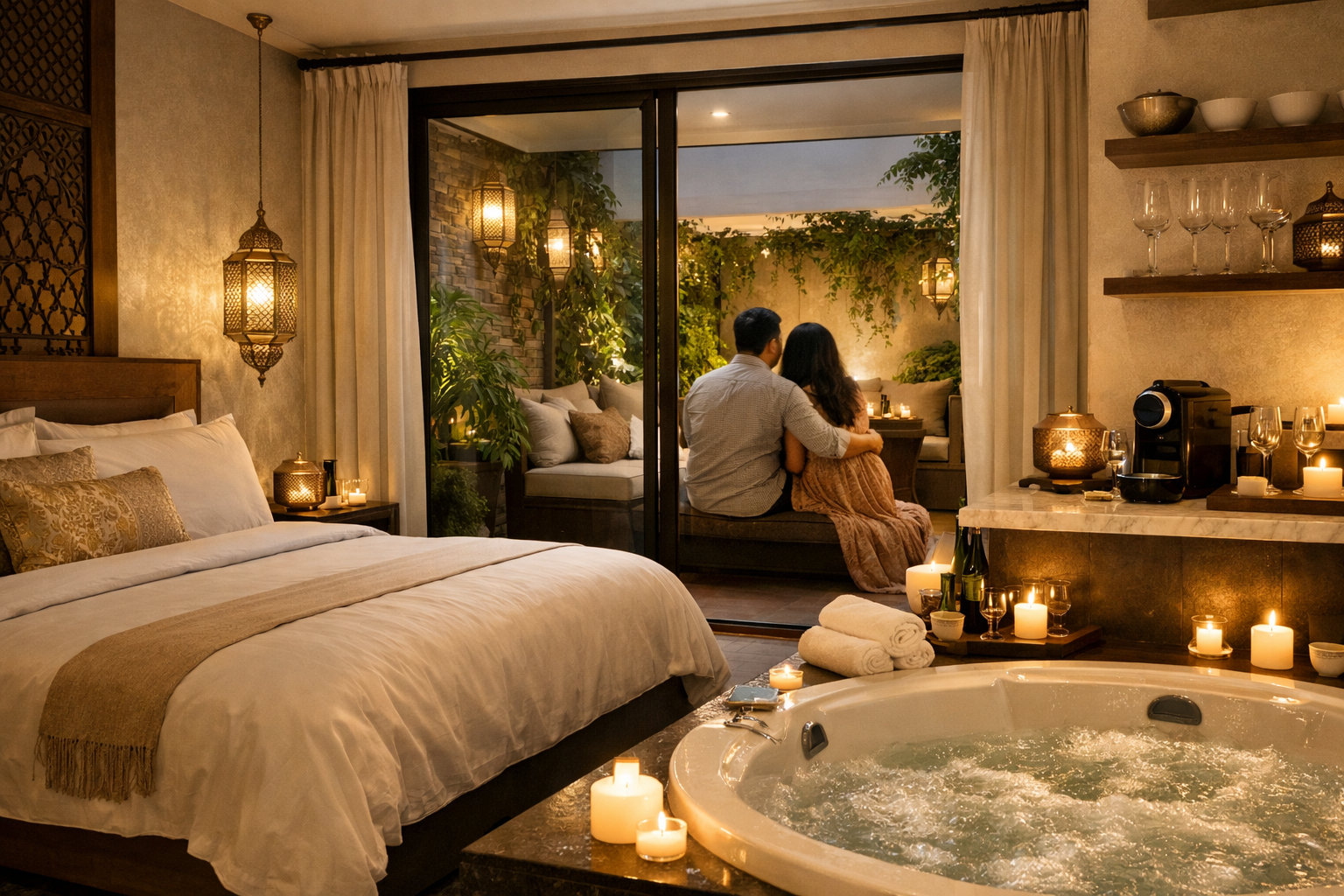 A beautifully composed landscape image (1536x1024) showcasing the interior of a top-rated, Best Couple-Friendly Airbnb in Gurugram: Privacy 