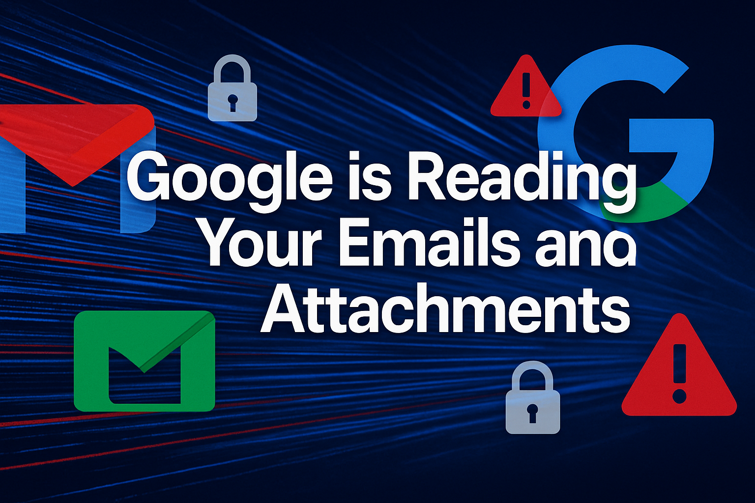Professional landscape hero image (1536x1024) with bold text overlay 'Google is Reading Your Emails and Attachments' in 70pt white sans-seri