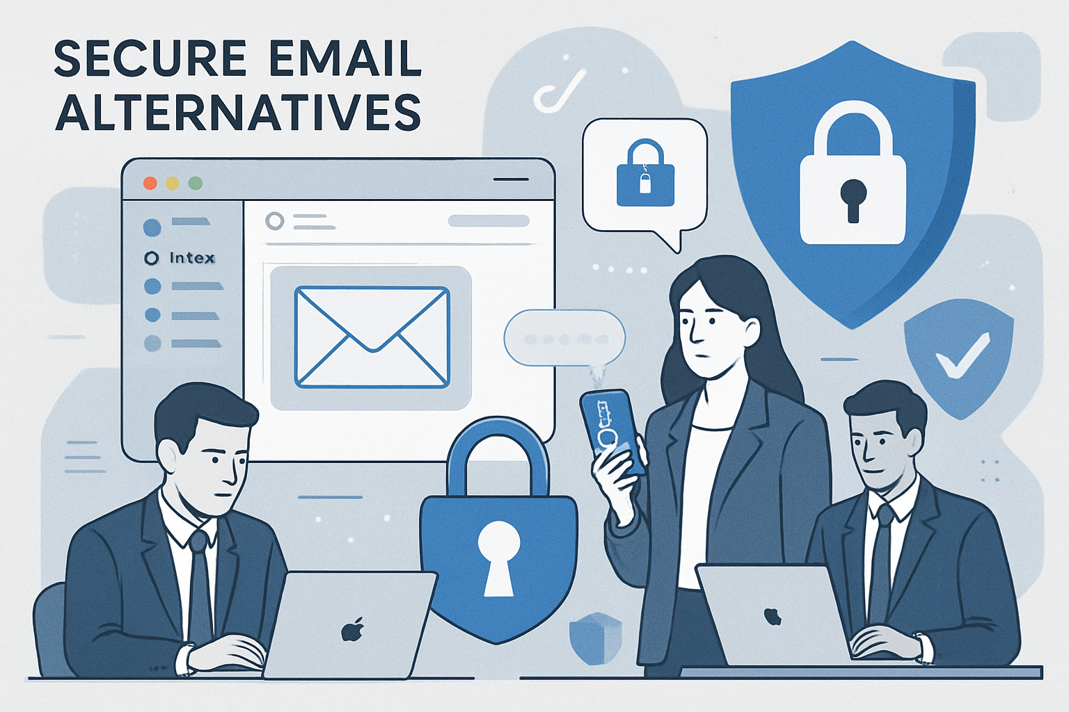 Professional illustration of Mac business environment with secure email alternatives, Apple Mail interface, encrypted communication symbols,