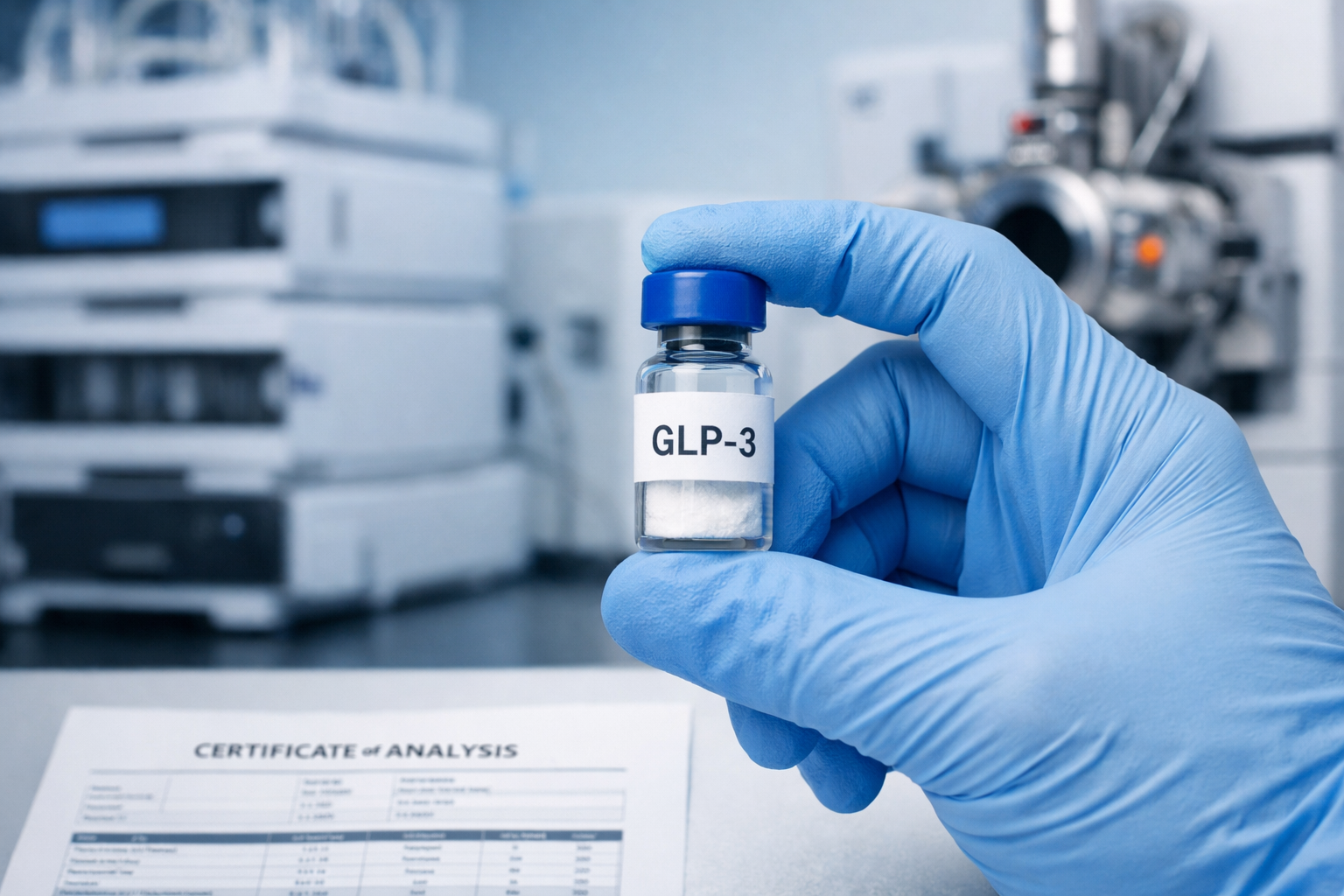 Detailed () image showing a close-up of a researcher's gloved hand holding a labeled peptide vial with 'GLP-3' text visible