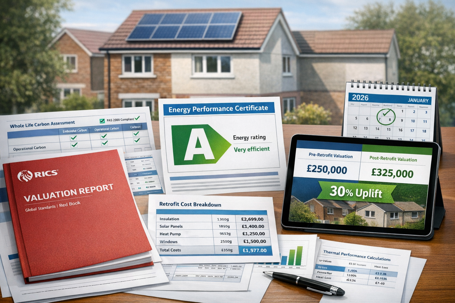 Detailed () image showing close-up of professional RICS Red Book valuation report on modern desk with UK property energy