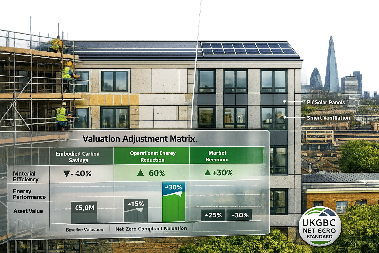 Wide-angle () image depicting UK commercial building facade mid-retrofit showing scaffolding on left half with workers