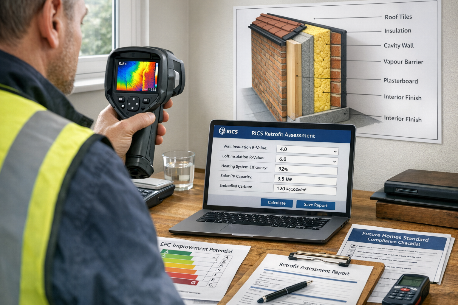 Detailed () image showing professional surveyor conducting on-site retrofit assessment inside UK residential property.