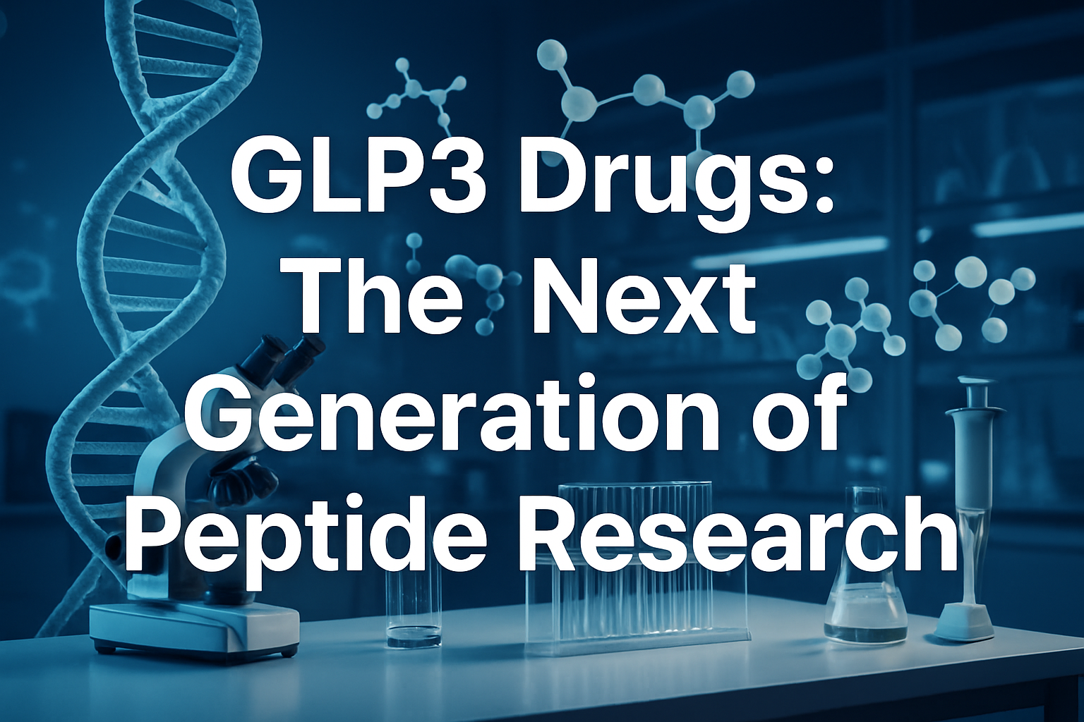 Professional landscape hero image (1536x1024) featuring bold text overlay 'GLP3 Drugs: The Next Generation of Peptide Research' in extra lar