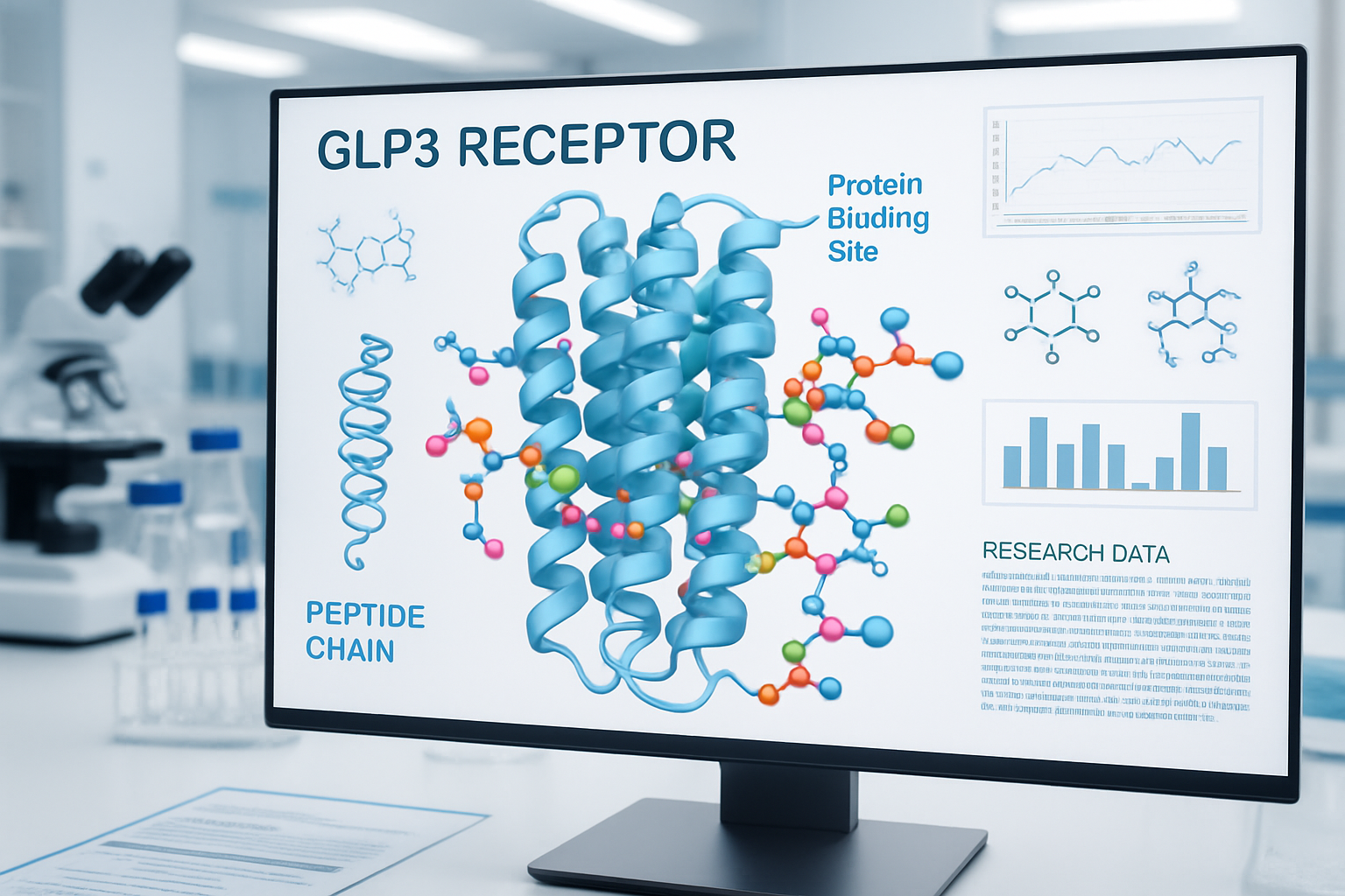 Scientific laboratory scene (1536x1024) showing GLP3 receptor molecular structure with detailed protein binding sites, colorful molecular bo