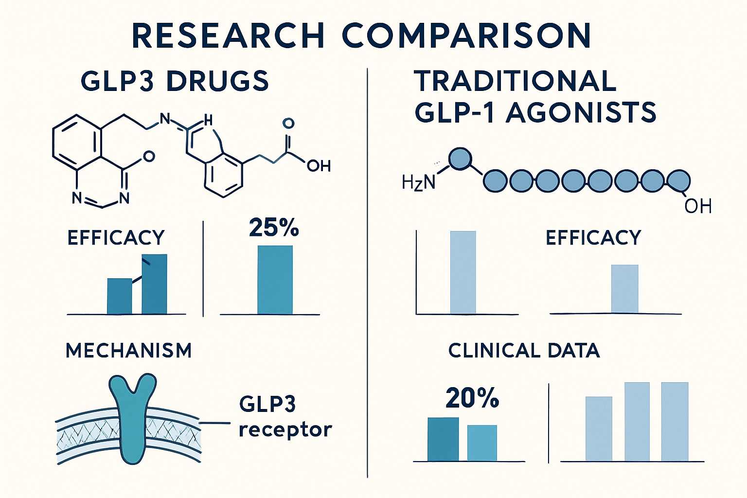 Research comparison infographic (1536x1024) displaying GLP3 drugs versus traditional GLP-1 agonists with side-by-side molecular structures, 