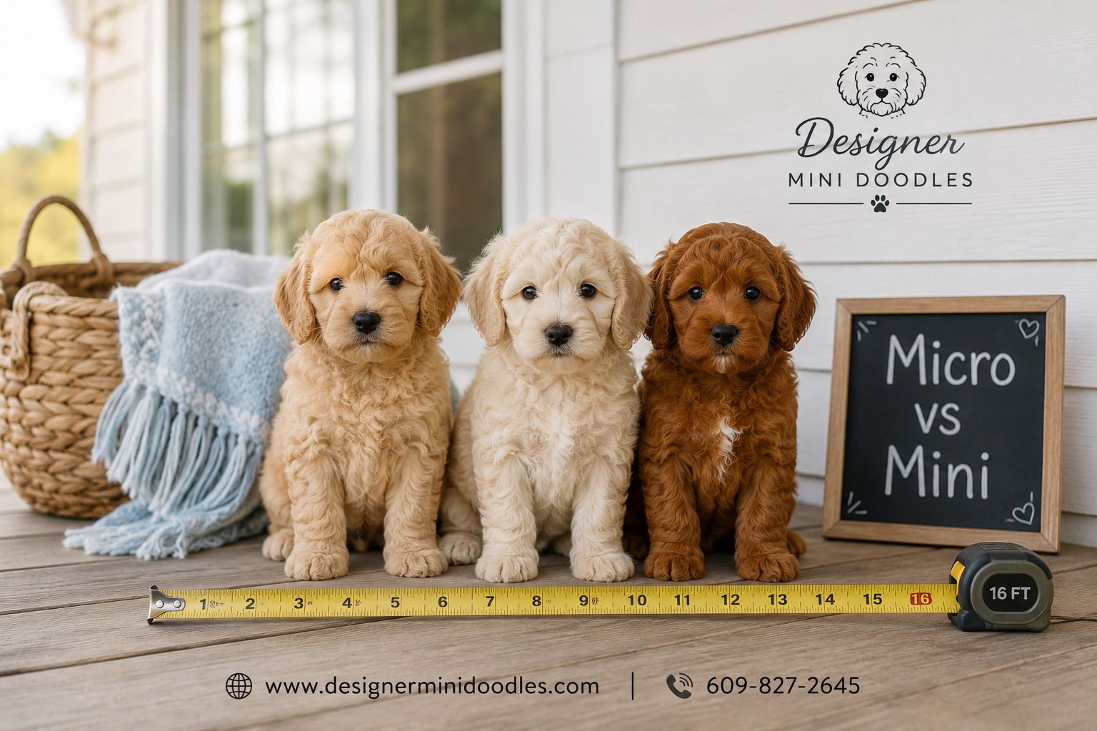 () editorial photo of three micro goldendoodle puppies in apricot, cream, and red coats sitting side-by-side on a wooden