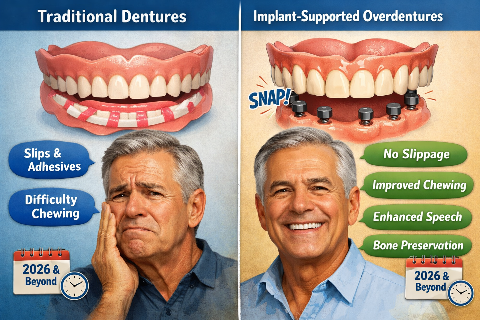 Landscape format (1536x1024) visual comparison of traditional dentures versus implant-supported overdentures, emphasizing the stability bene