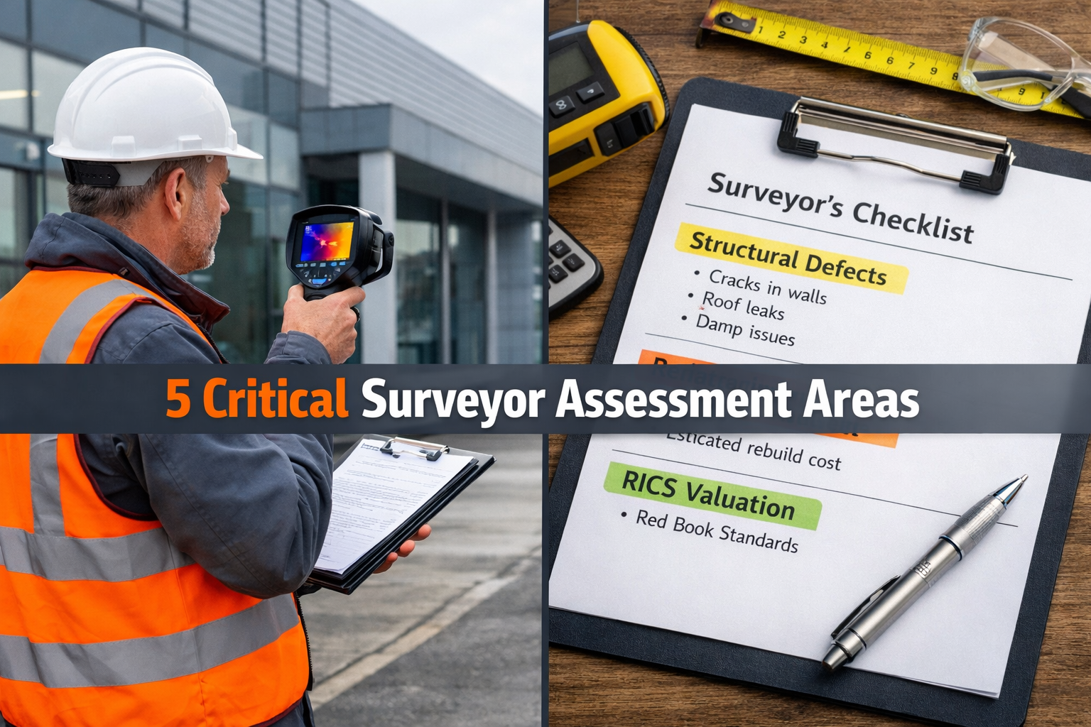 Detailed () image showing split-screen composition: left side displays professional building surveyor in hard hat examining