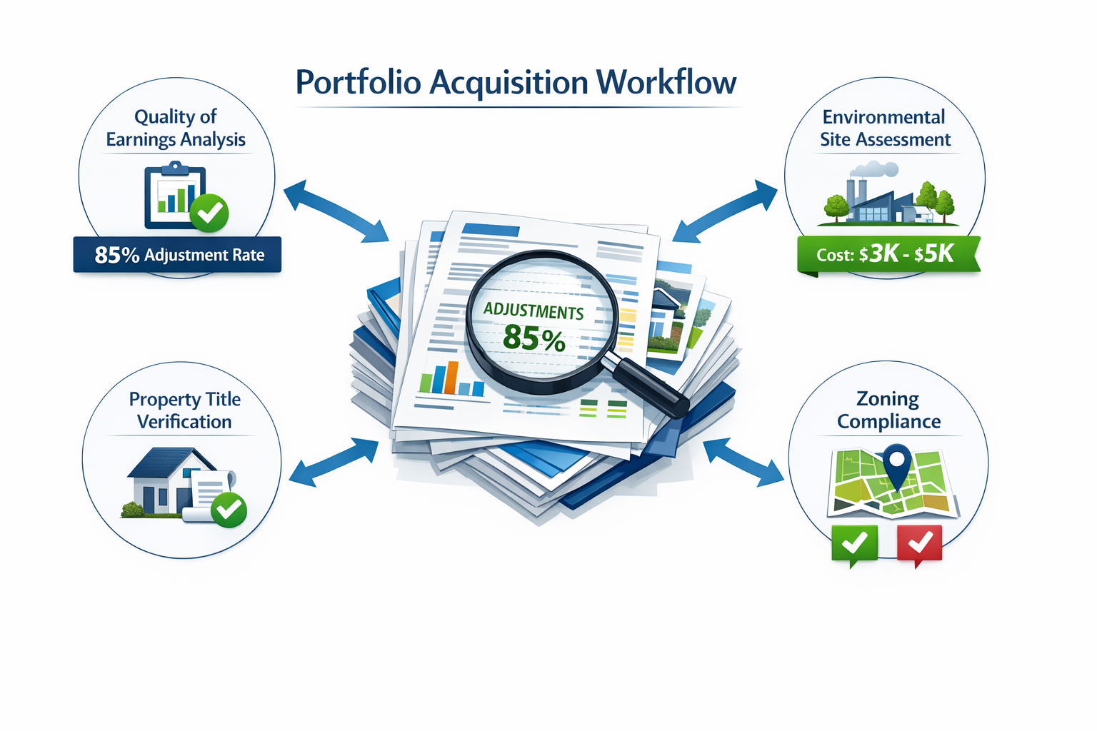 () infographic-style image featuring comprehensive portfolio acquisition workflow diagram with interconnected nodes showing: