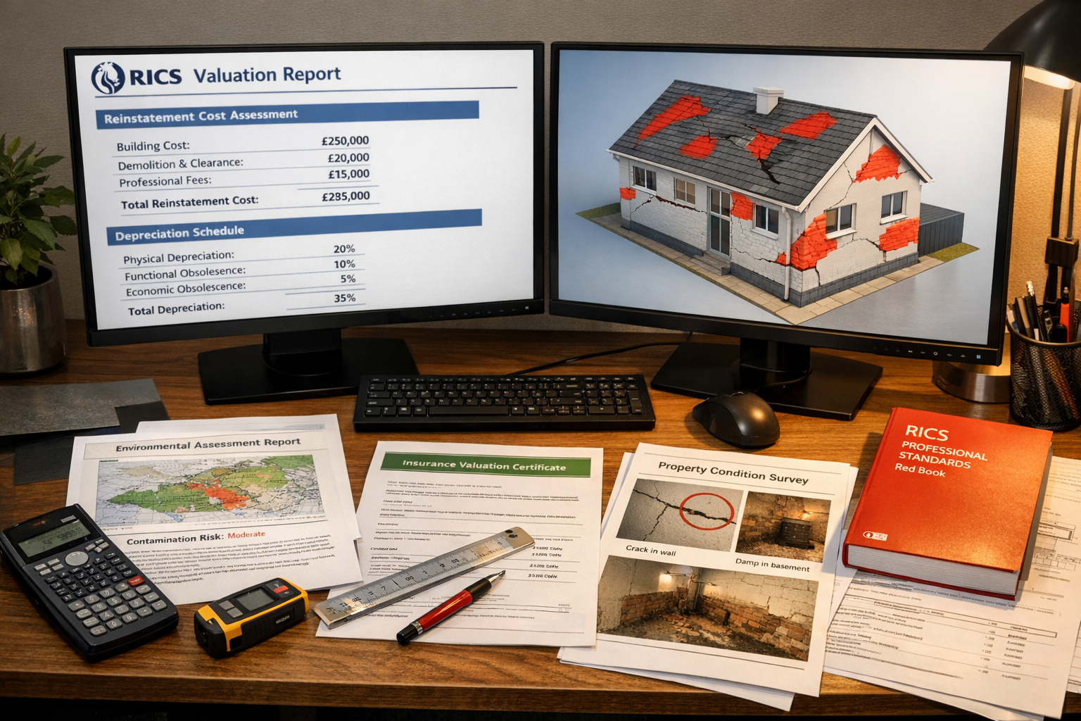 Detailed () image showing modern surveyor's office workspace with dual monitors displaying: left screen shows digital RICS