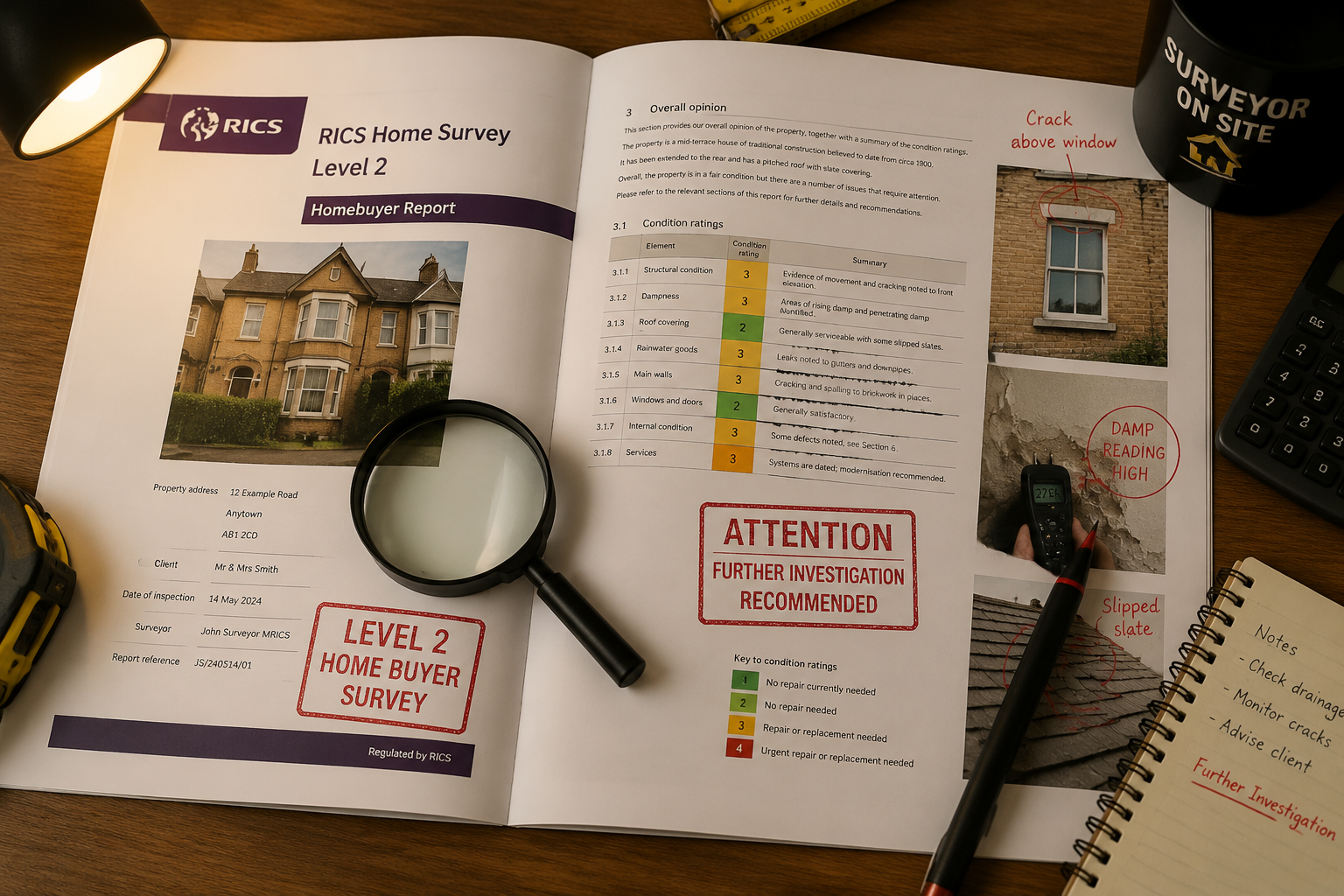 Close-up aerial overhead view of an open RICS Level 2 Homebuyer Survey report document spread on a wooden desk, red warning