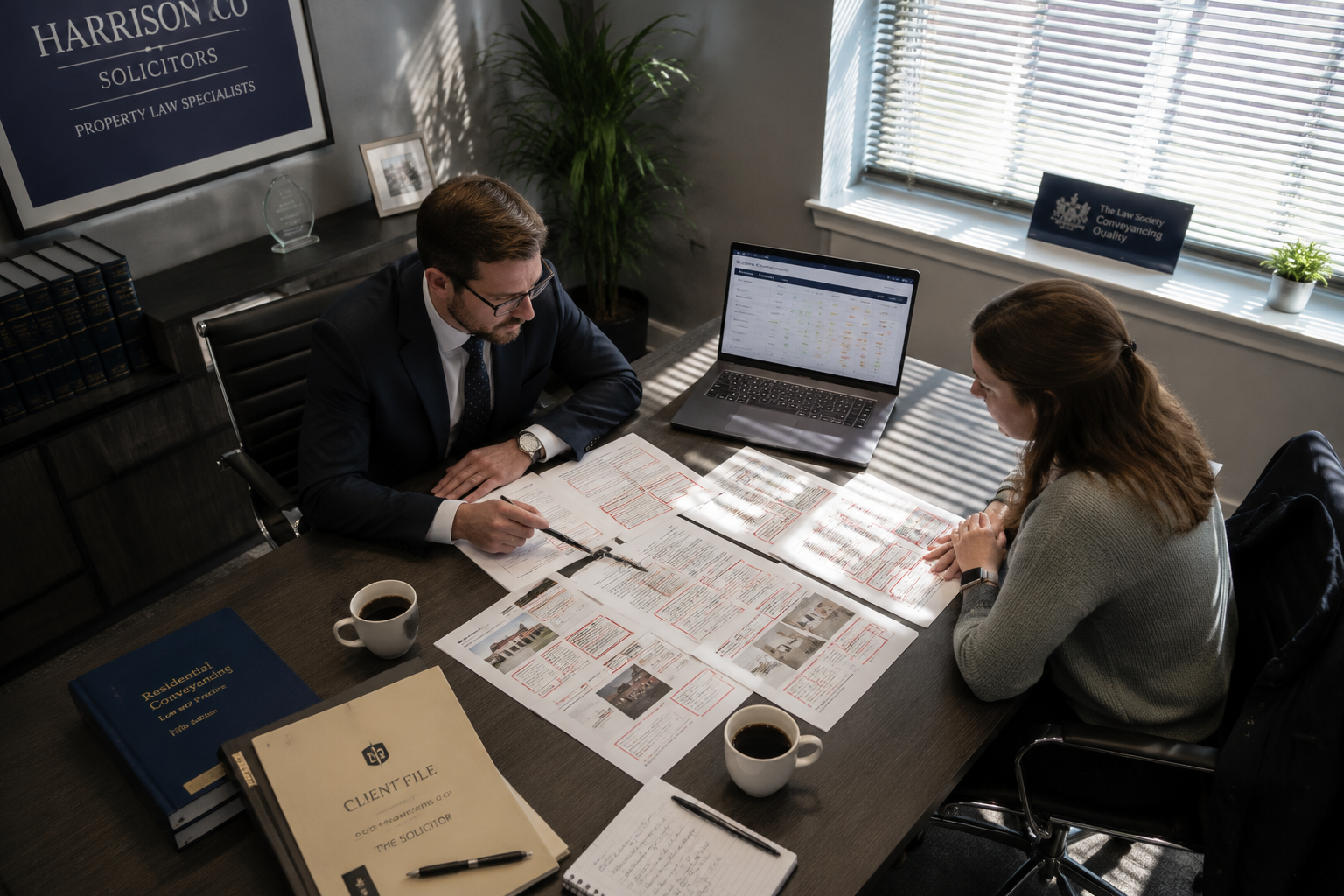 Wide-angle view of a British property conveyancing office scene from above, showing a solicitor and buyer seated at a large