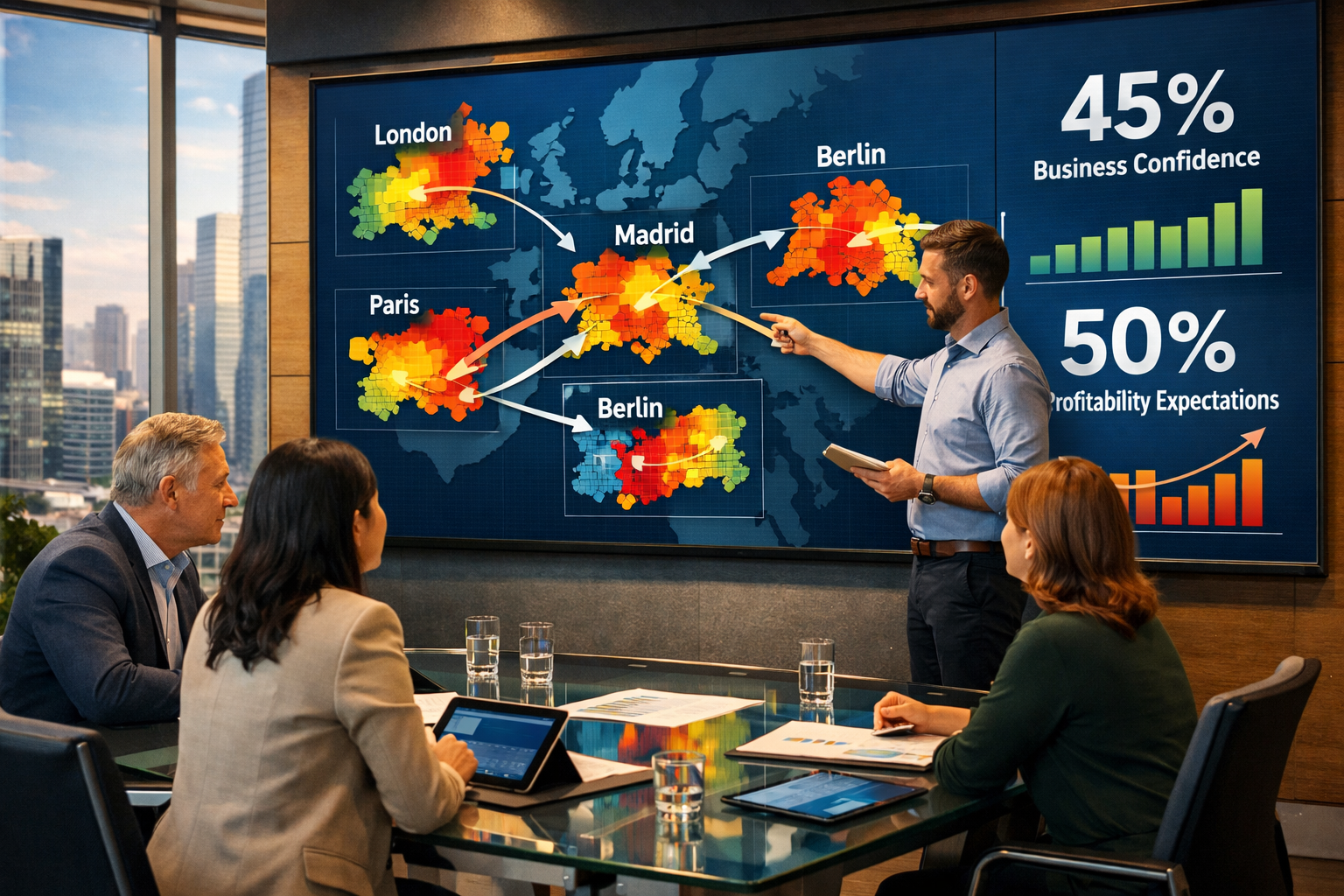 Detailed () editorial image showing professional meeting room scene with diverse group of chartered surveyors analyzing