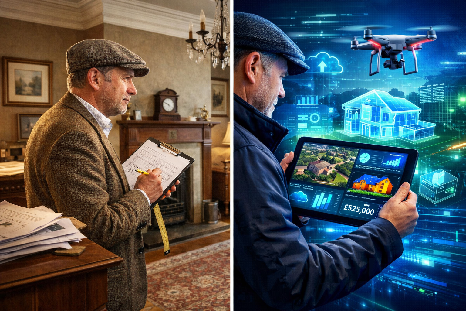 Wide () conceptual split-screen composition illustrating technology transformation in property valuation: left half shows