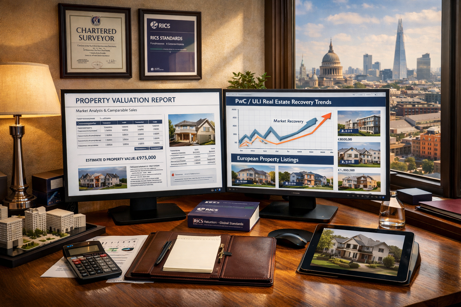Detailed () editorial photograph of modern chartered surveyor's office workspace showing dual monitor setup displaying