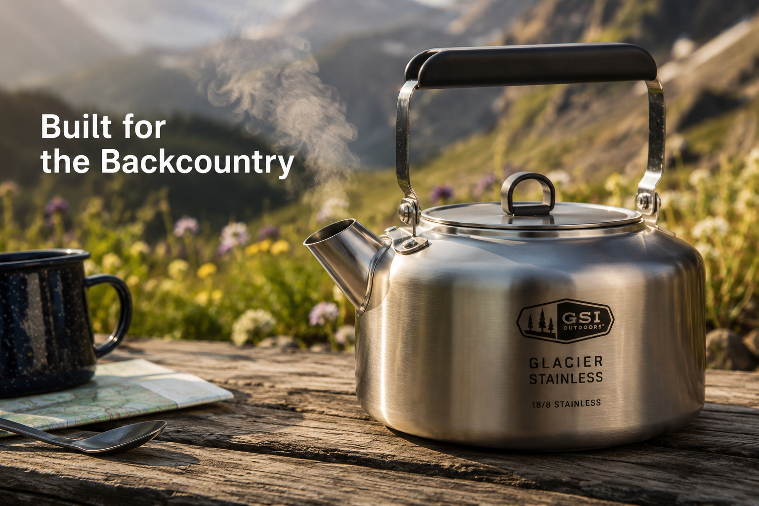 Landscape format (1536x1024) detailed product photography scene: GSI Glacier Stainless Tea Kettle close-up on a weathered wooden camp table, showing the 18/8 stainless steel body catching morning light, folding handle locked in upright position, steam rising from the spout. Background softly blurred alpine meadow with wildflowers. Text overlay: 'Built for the Backcountry' in clean sans-serif. Warm natural lighting, editorial outdoor gear magazine style, sharp product detail focus.