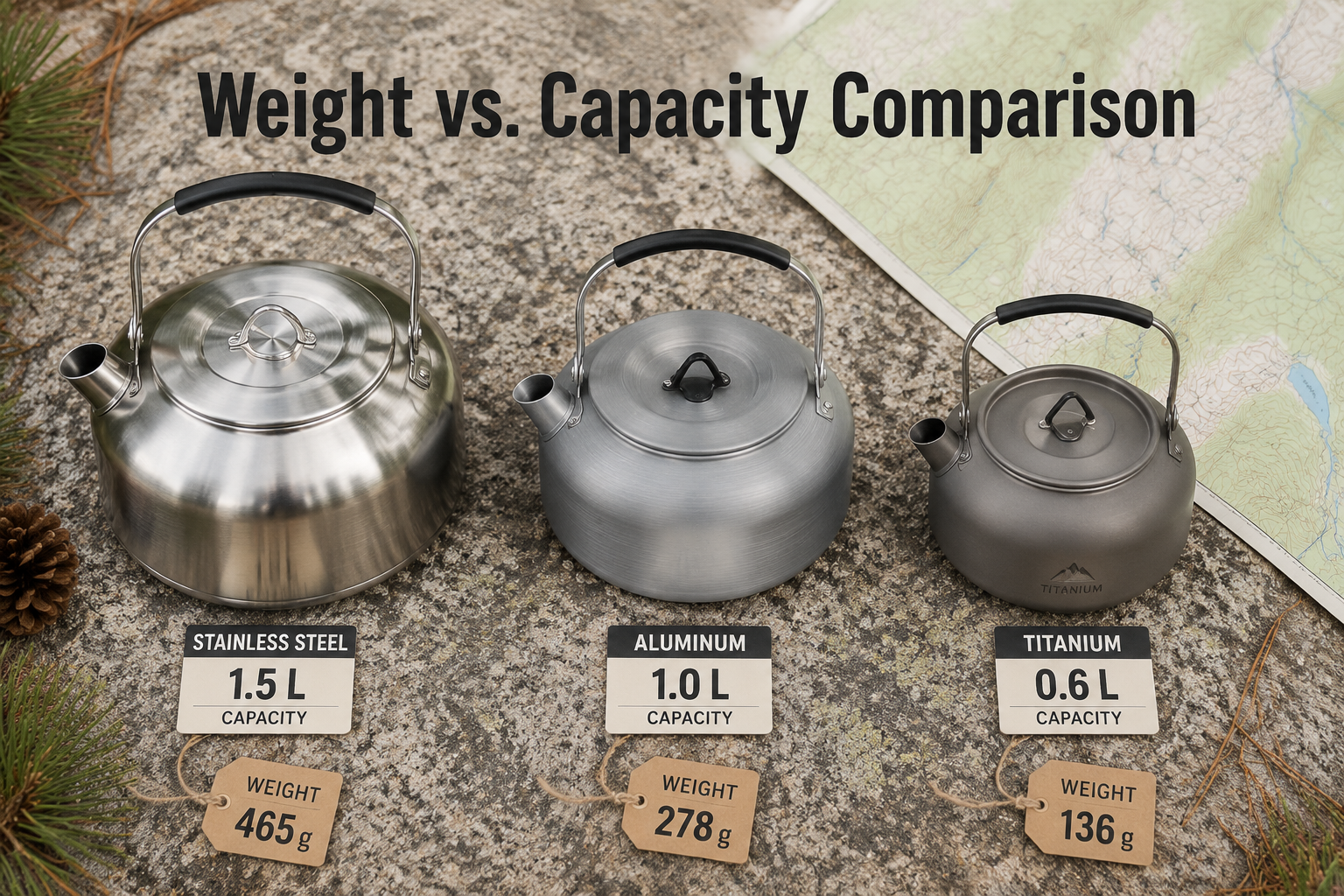 Landscape format (1536x1024) side-by-side comparison flat lay on a granite rock surface showing three camping kettles of different sizes and materials — stainless steel, aluminum, and titanium — with small weight tags and capacity labels visible. Overhead bird's-eye angle, natural daylight, clean minimalist composition with pine needles and a topographic map as background texture. Text overlay: 'Weight vs. Capacity Comparison' in bold dark sans-serif. Crisp, editorial outdoor gear aesthetic. What Materials Is This Kettle Made From