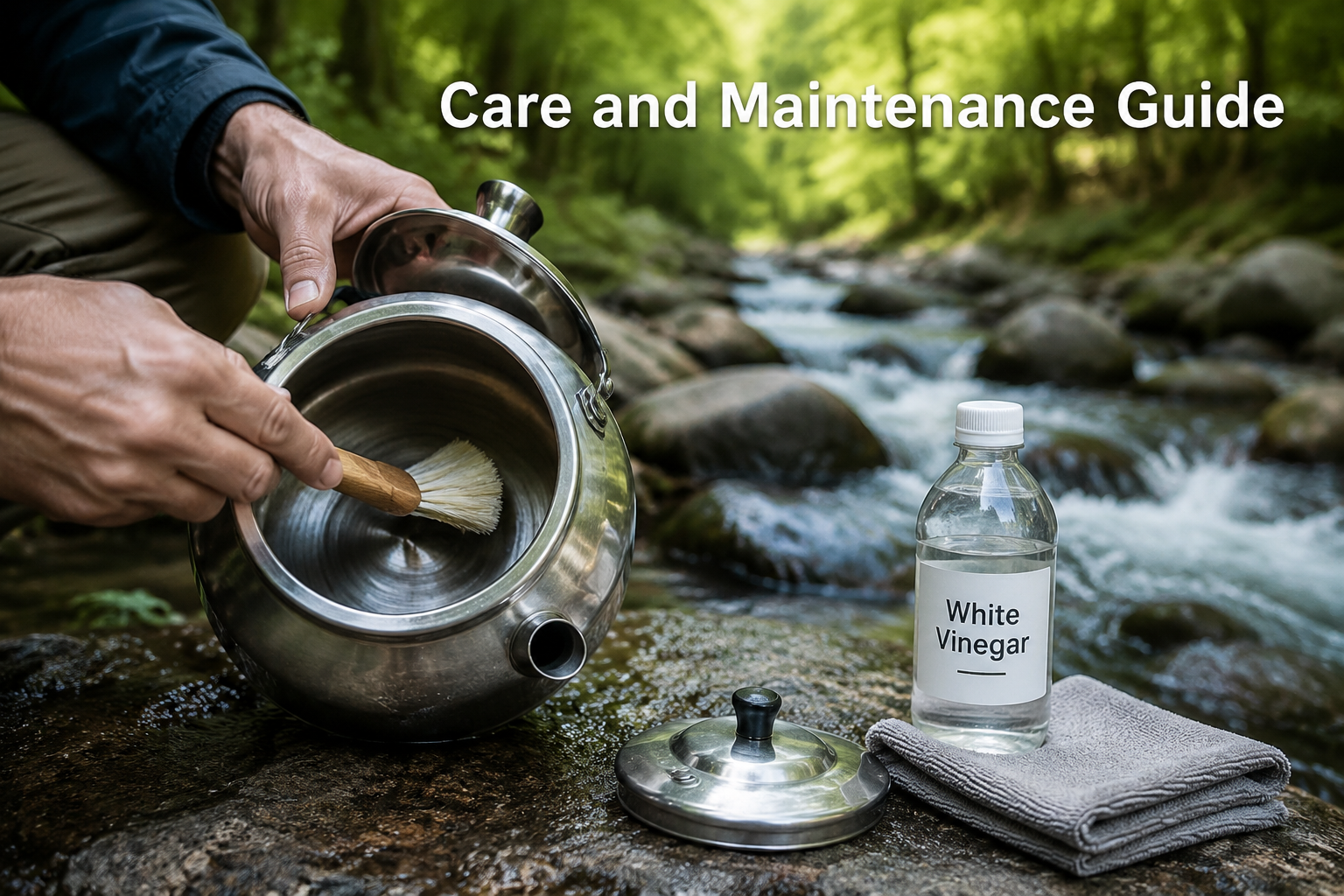 Landscape format (1536x1024) hands-on maintenance scene: a person cleaning the interior of a stainless steel camping kettle with a soft brush beside a mountain stream, with a small bottle of white vinegar and a microfiber cloth on a flat rock nearby. Bright natural daylight, shallow depth of field focusing on the kettle interior. Background shows blurred forest and stream. Text overlay: 'Care and Maintenance Guide' in clean white sans-serif with subtle shadow. Authentic, documentary-style outdoor photography. Is This Kettle Good for Solo Hikers or Better for Group Camping