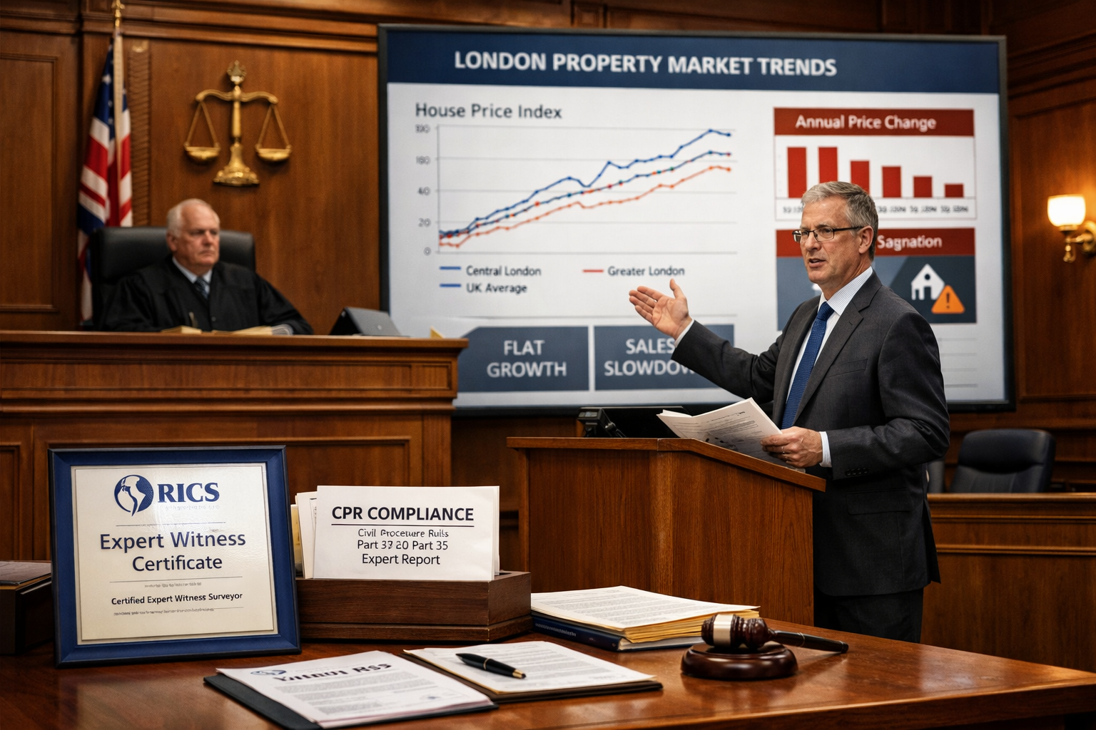 Detailed () image showing professional courtroom or tribunal setting with RICS-accredited expert witness surveyor presenting