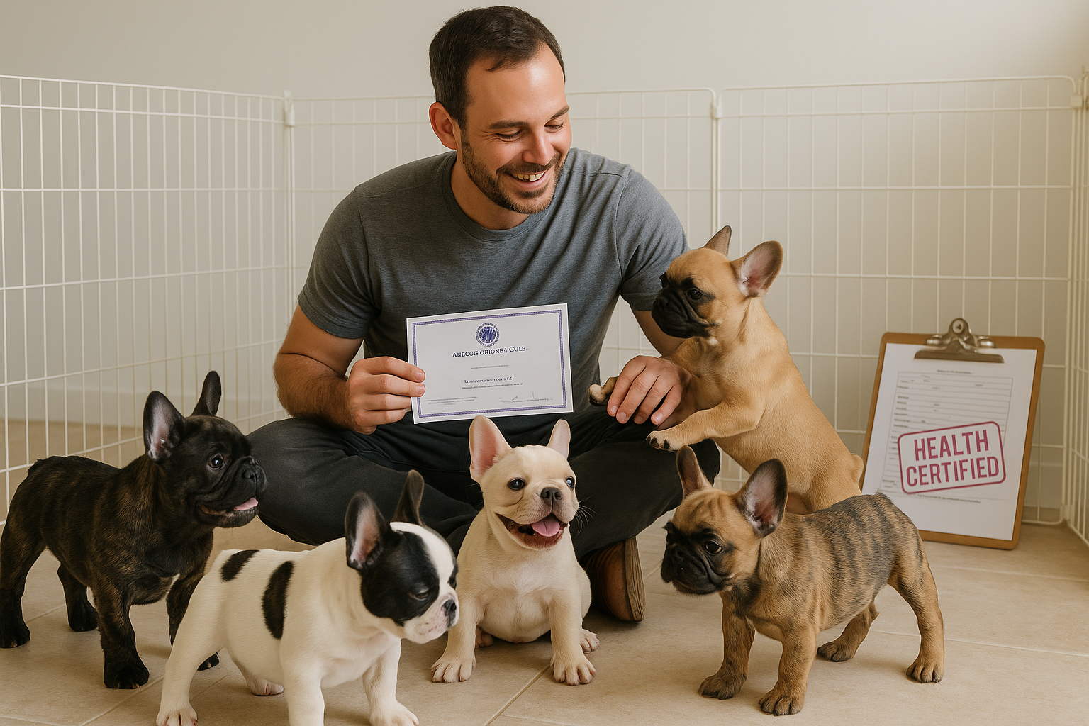 A professional editorial image (1536x1024) showcasing a diverse group of happy, healthy AKC French Bulldog puppies of various approved color