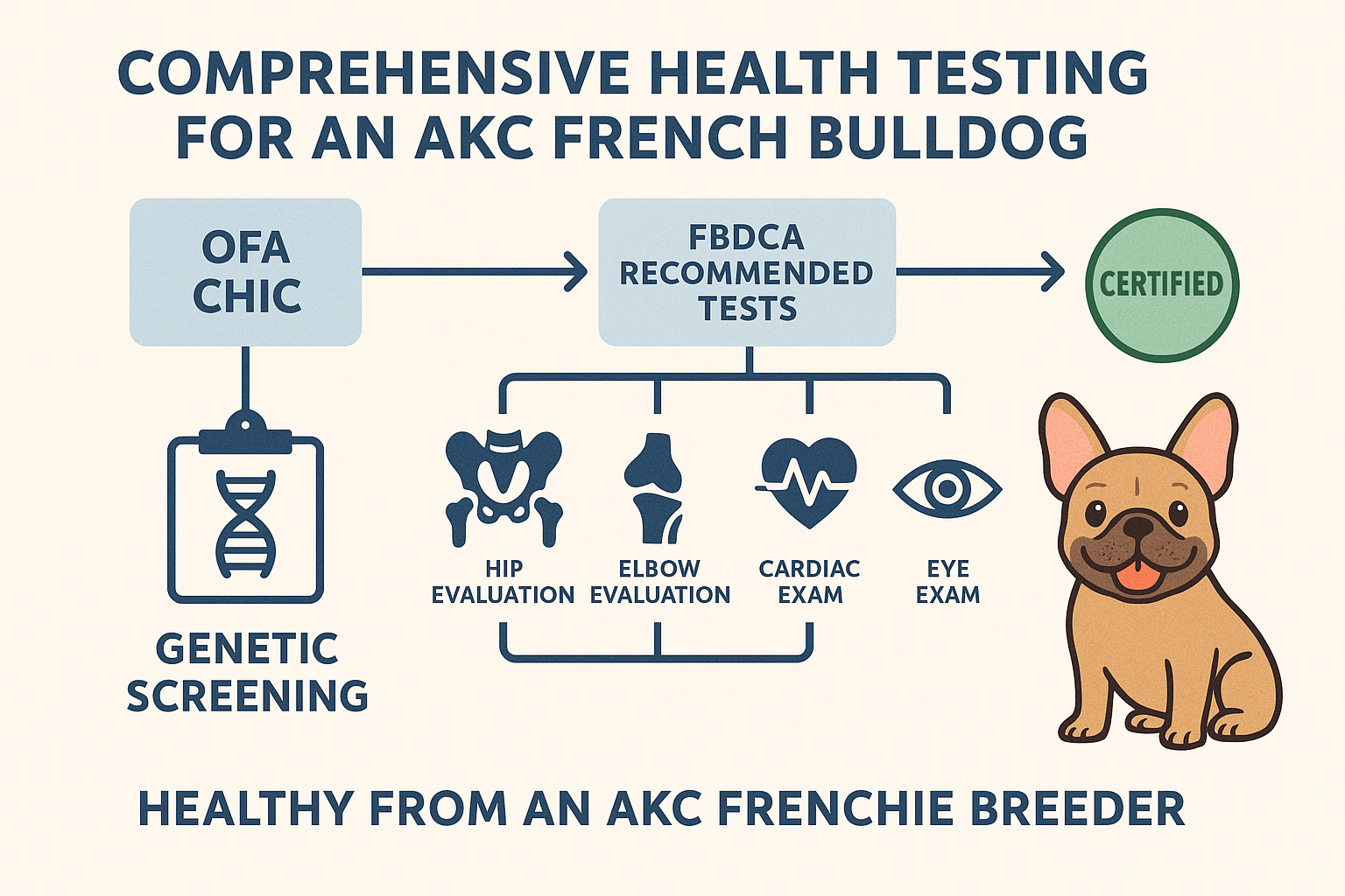 A detailed infographic (1536x1024) illustrating the comprehensive health testing process for an AKC French Bulldog. Sections include: OFA CH