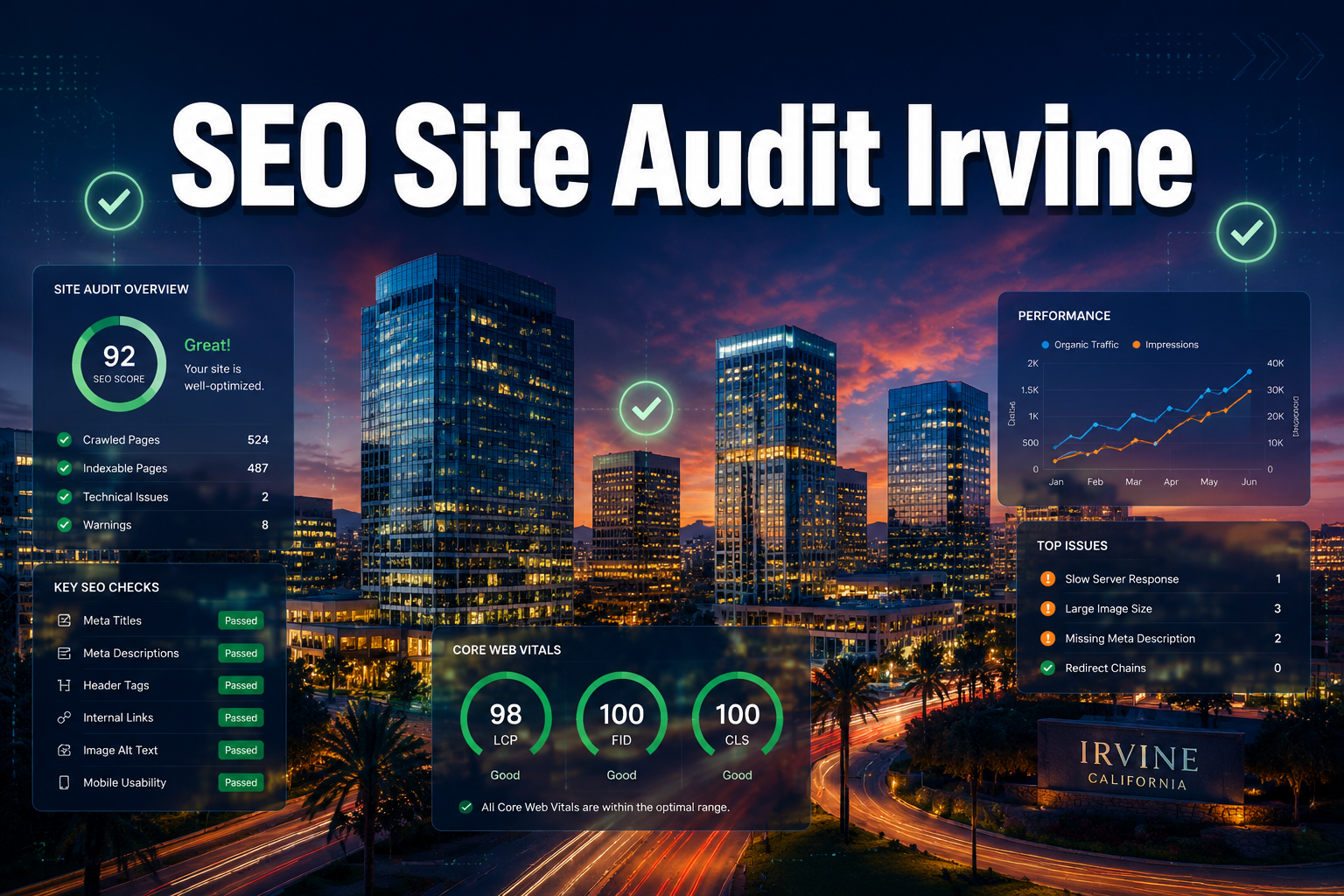 Professional () hero image with : 'SEO Site Audit Irvine' in extra large white with dark drop , centered upper-third