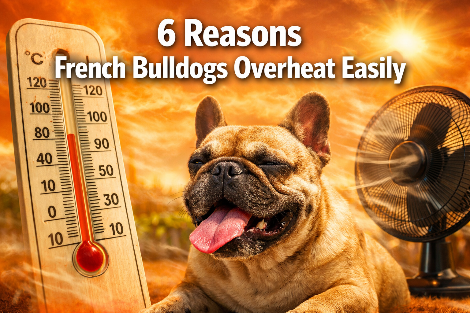 Professional landscape format (1536x1024) hero image with bold text overlay: '6 Reasons French Bulldogs Overheat Easily' in extra large 72pt