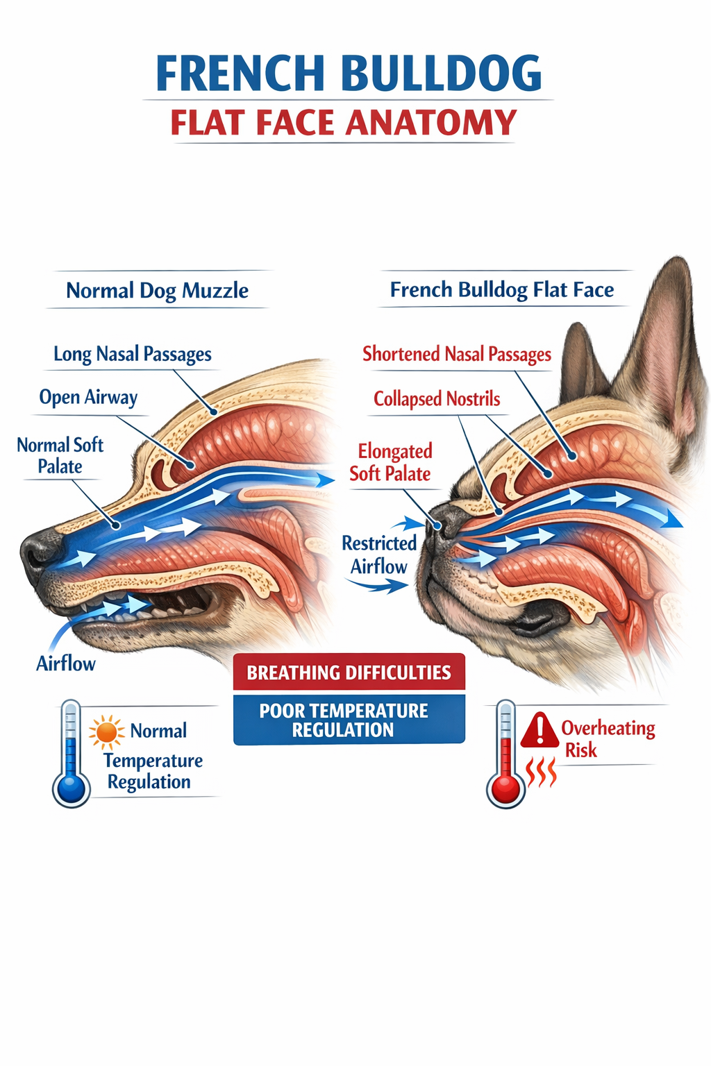 Portrait format (1024x1536) educational infographic showing French Bulldog's flat face anatomy compared to normal dog muzzle, cross-section 
