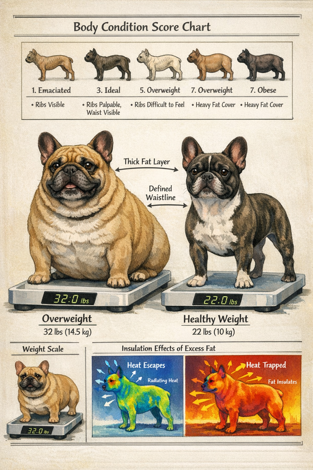 Portrait format (1024x1536) illustration showing overweight French Bulldog next to healthy weight Frenchie, with body condition scoring char