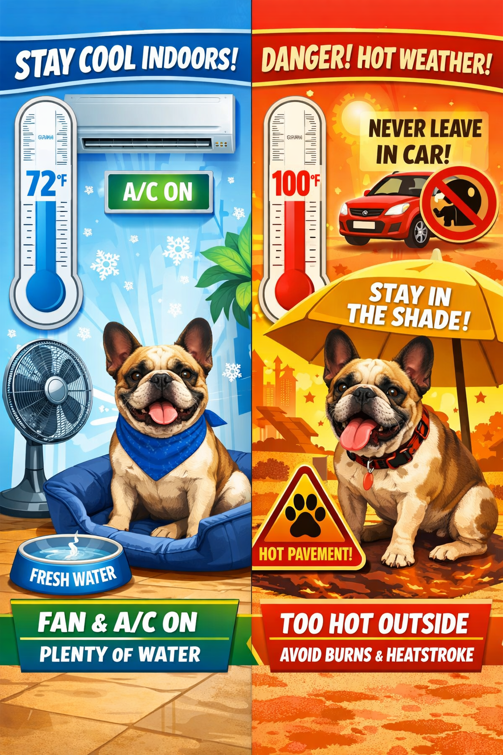 Portrait format (1024x1536) summer safety scene showing French Bulldog in air-conditioned indoor environment versus dangerous outdoor heat s