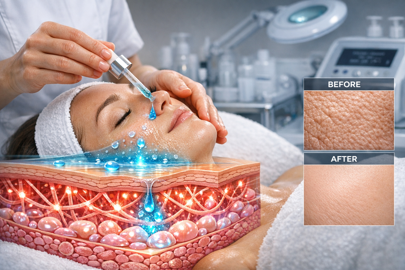 Professional skincare application scene (1536x1024) showing hands applying blue-tinted peptide serum to facial skin, visible absorption into
