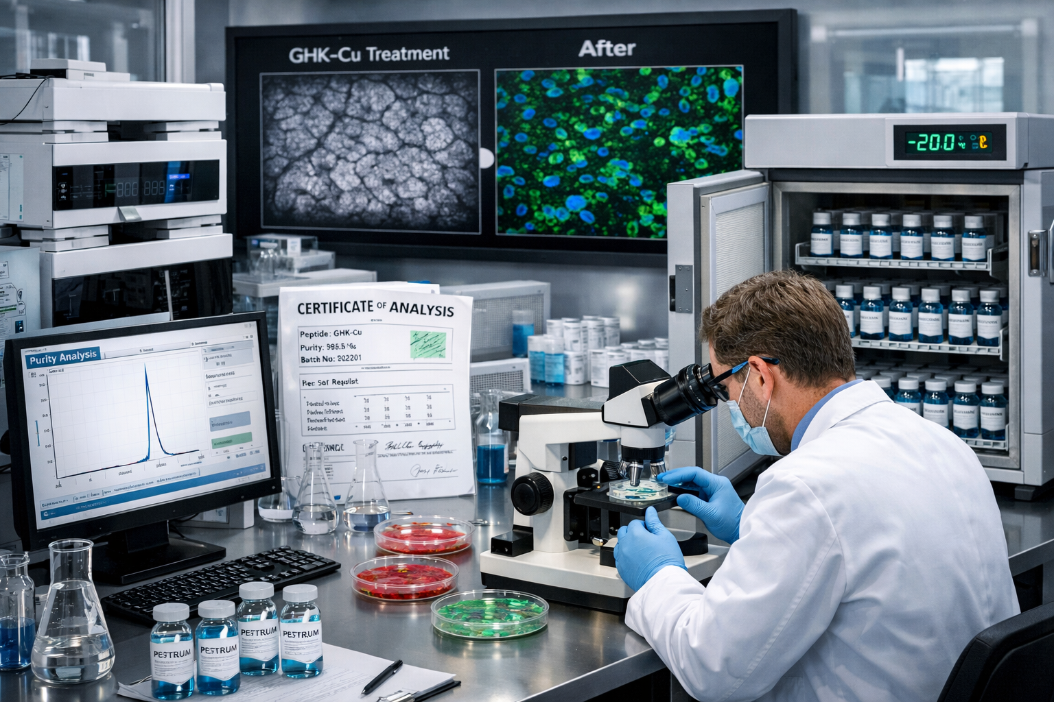 Professional research laboratory scene (1536x1024) showing peptide quality testing equipment, high-performance liquid chromatography machine