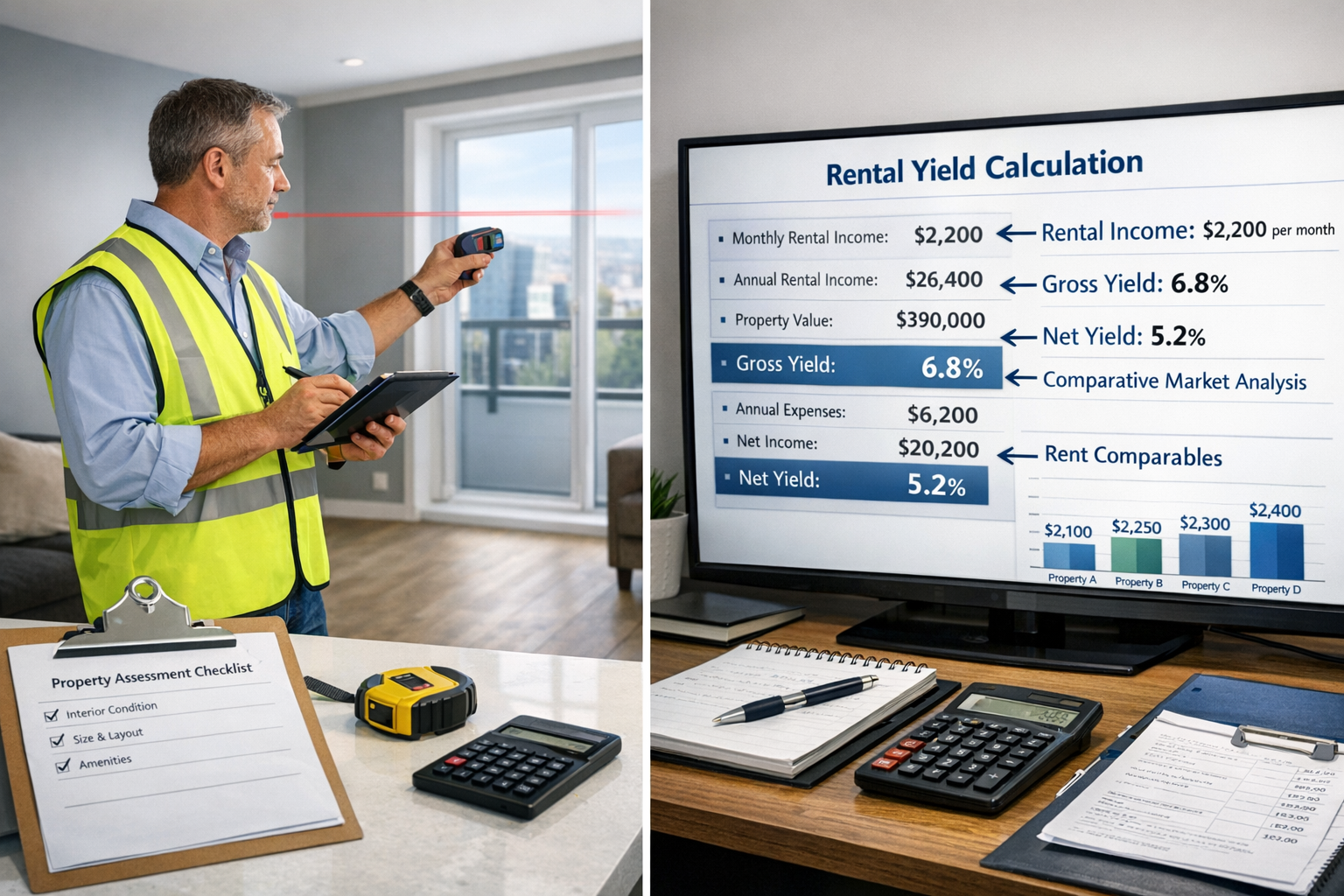 Detailed () image showing professional property surveyor conducting rental valuation assessment inside modern apartment,