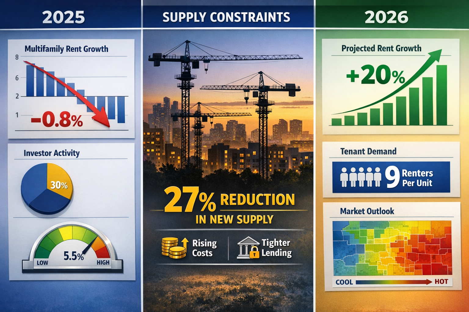 Comprehensive () infographic visualization comparing 2025 versus 2026 rental market dynamics with three distinct vertical