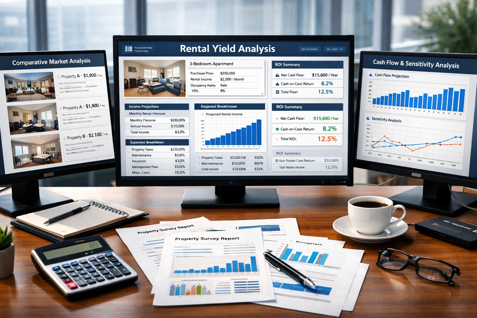 Detailed () image depicting modern property investment analysis workspace with multiple screens showing different valuation
