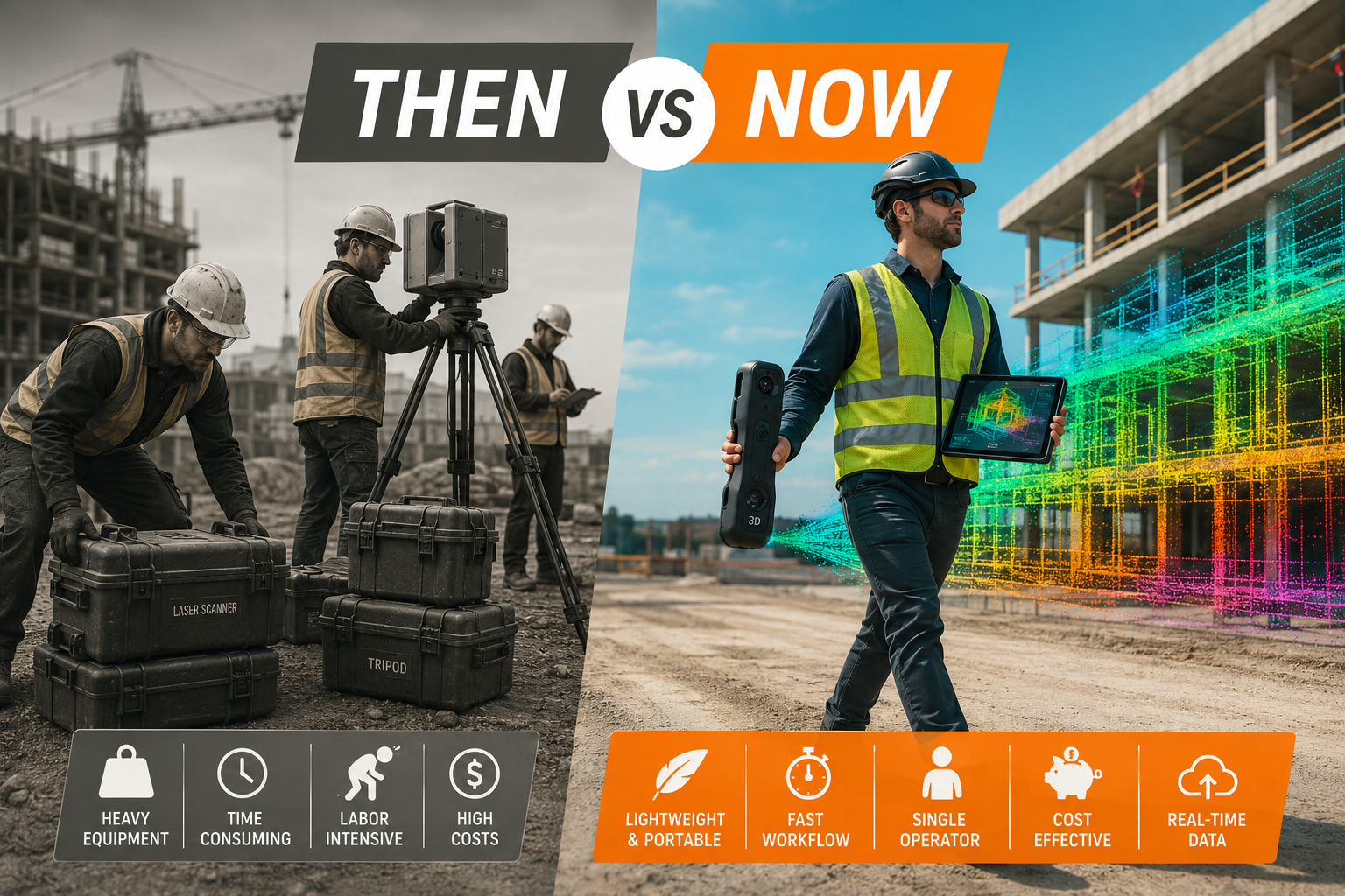 () editorial illustration showing a split-scene comparison: left side depicts a traditional surveying team struggling with