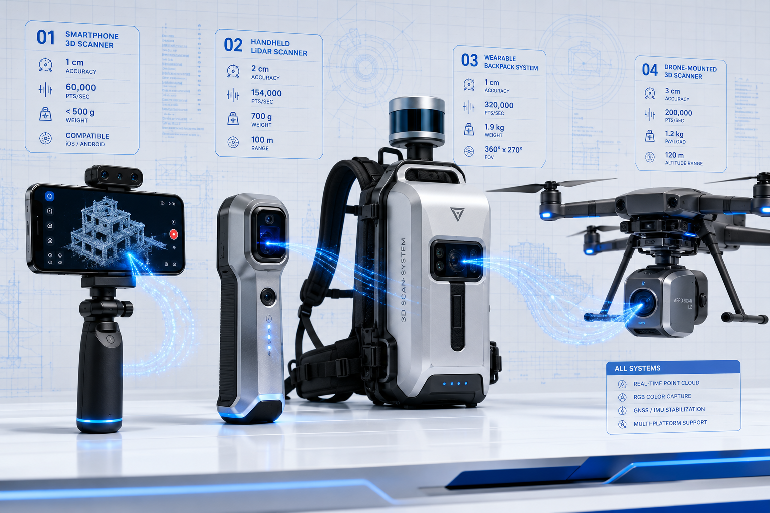 () detailed technical showcase image featuring four distinct compact mobile 3D scanning devices arranged on a clean white