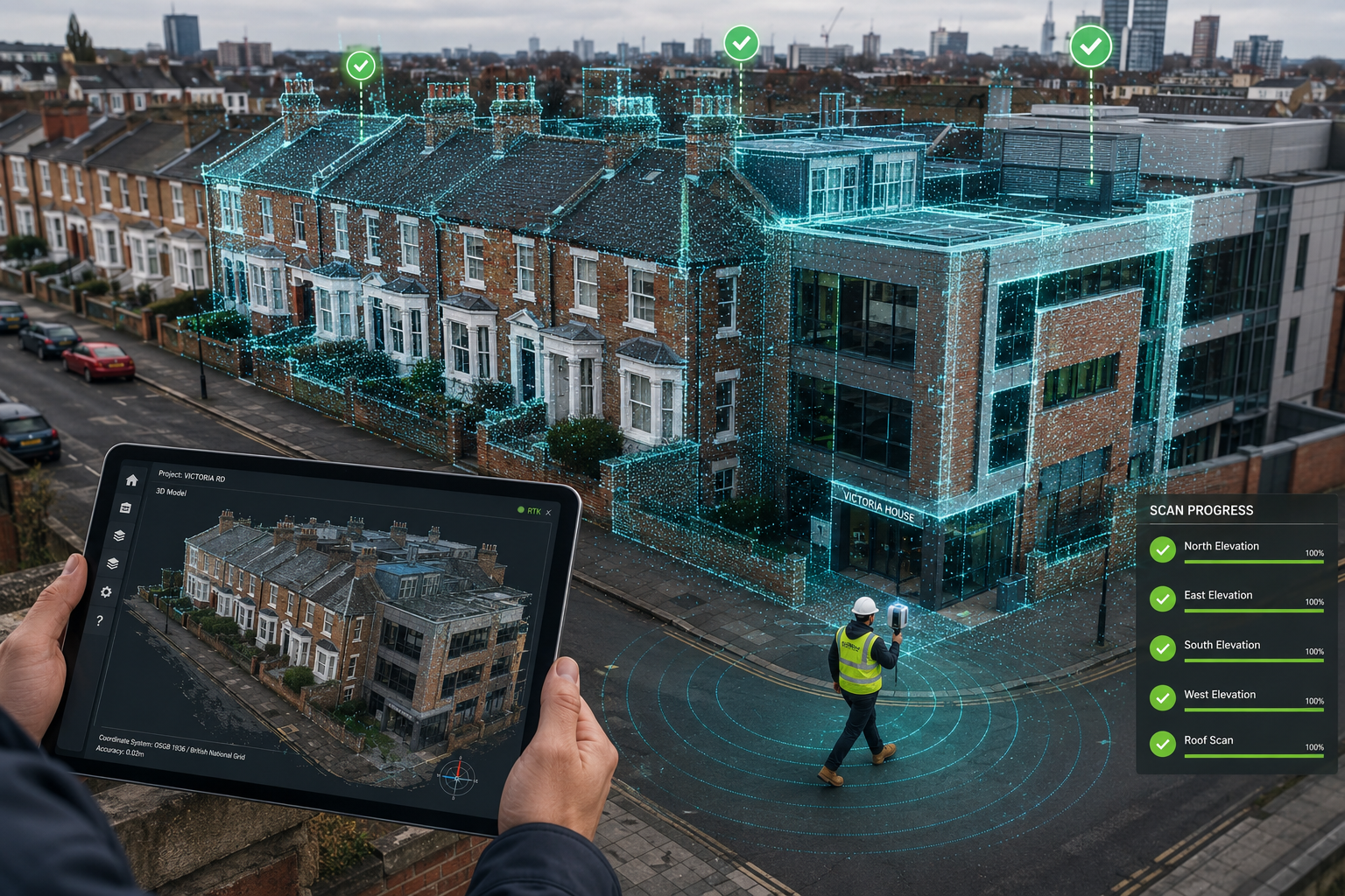 () dynamic aerial perspective showing a UK urban property streetscape — Victorian terraced houses and a modern commercial
