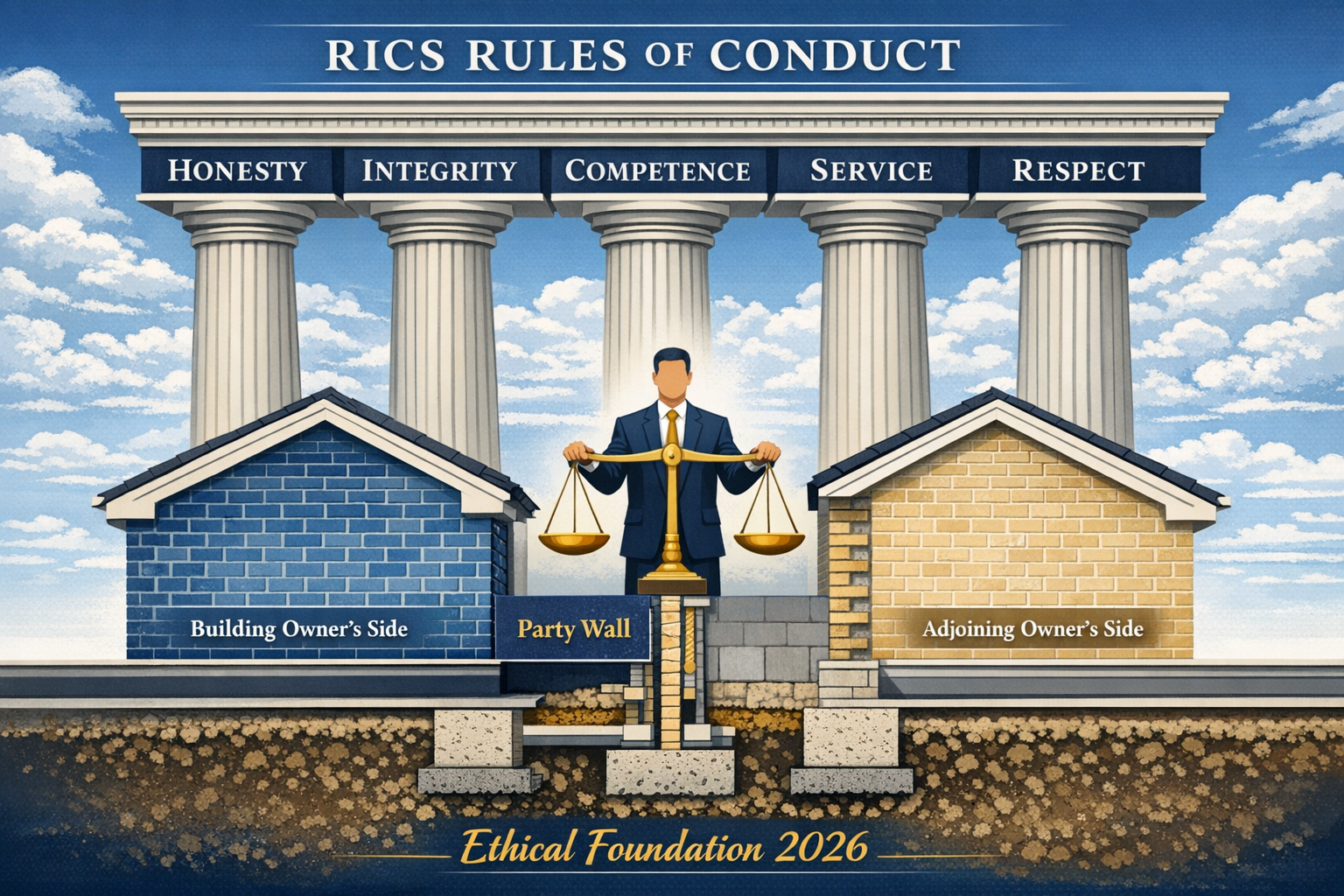 Detailed landscape format (1536x1024) image showing RICS Rules of Conduct five pillars visualization as modern architectural columns labeled