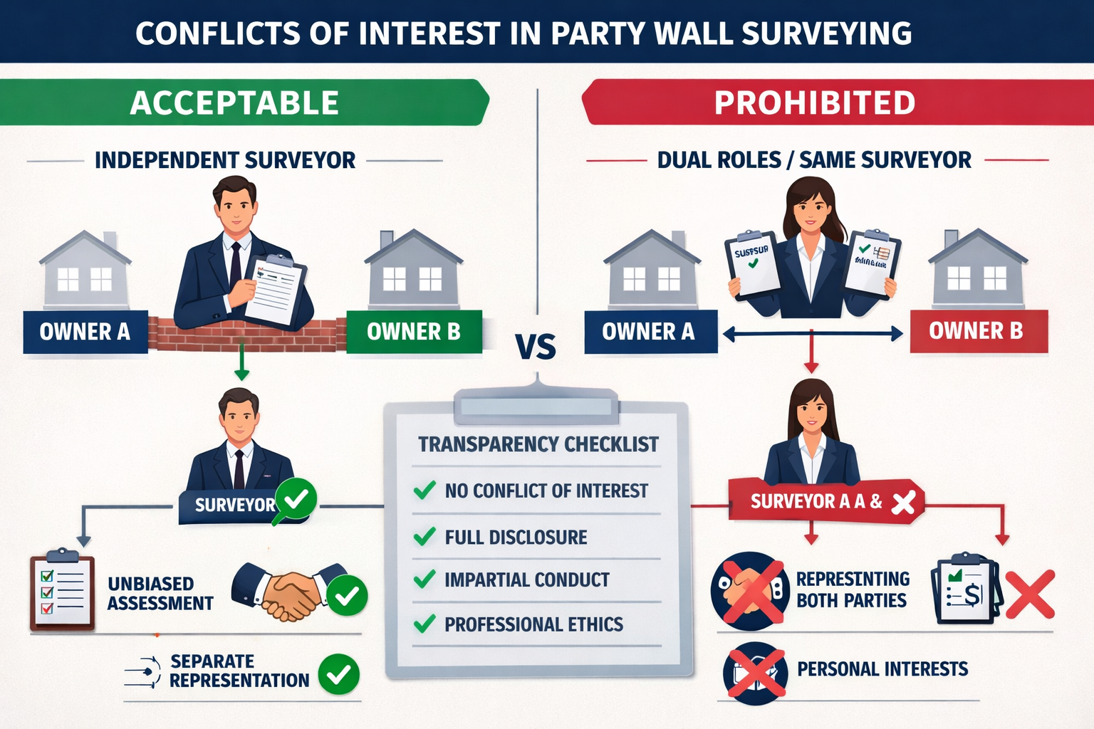 Comprehensive landscape format (1536x1024) infographic illustrating conflict of interest scenarios in party wall surveying, split-screen com