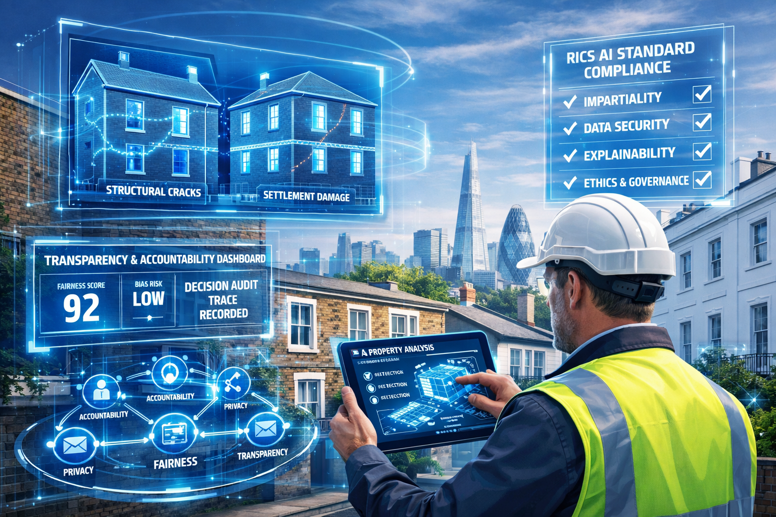 Detailed landscape format (1536x1024) image depicting AI governance in party wall surveying for 2026, futuristic scene showing surveyor usin