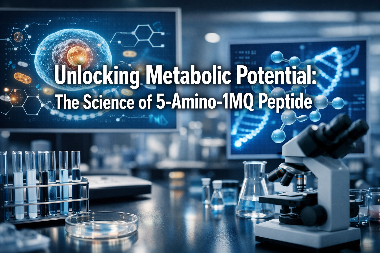 Professional landscape hero image (1536x1024) featuring bold text overlay: 'Unlocking Metabolic Potential: The Science of 5-Amino-1MQ Peptid