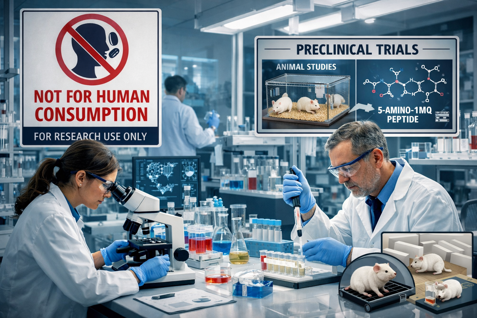 A sophisticated landscape image (1536x1024) depicting a research laboratory, emphasizing safety and precision. Scientists in lab coats are m