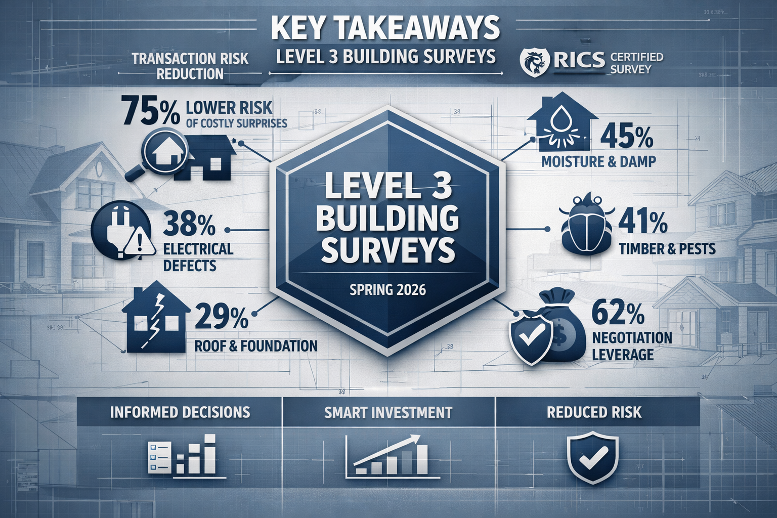 Comprehensive visual dashboard representing 'Key Takeaways' for Level 3 Building Surveys, featuring a central hexagonal